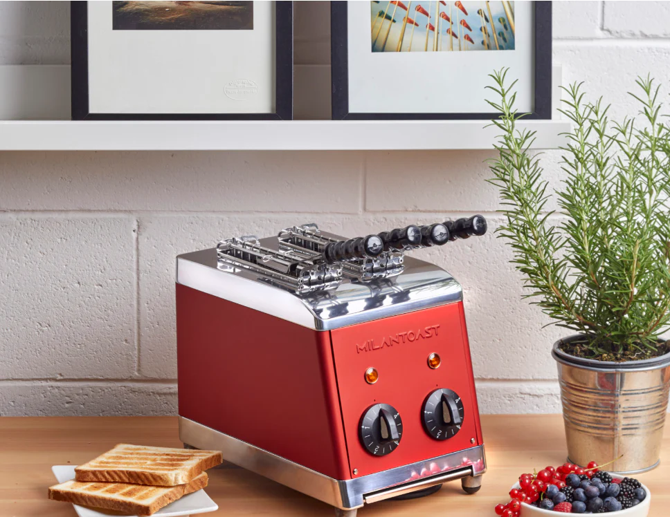 2025 Tostadora Milantoast de 2 ranuras con pinzas y soporte para panecillos