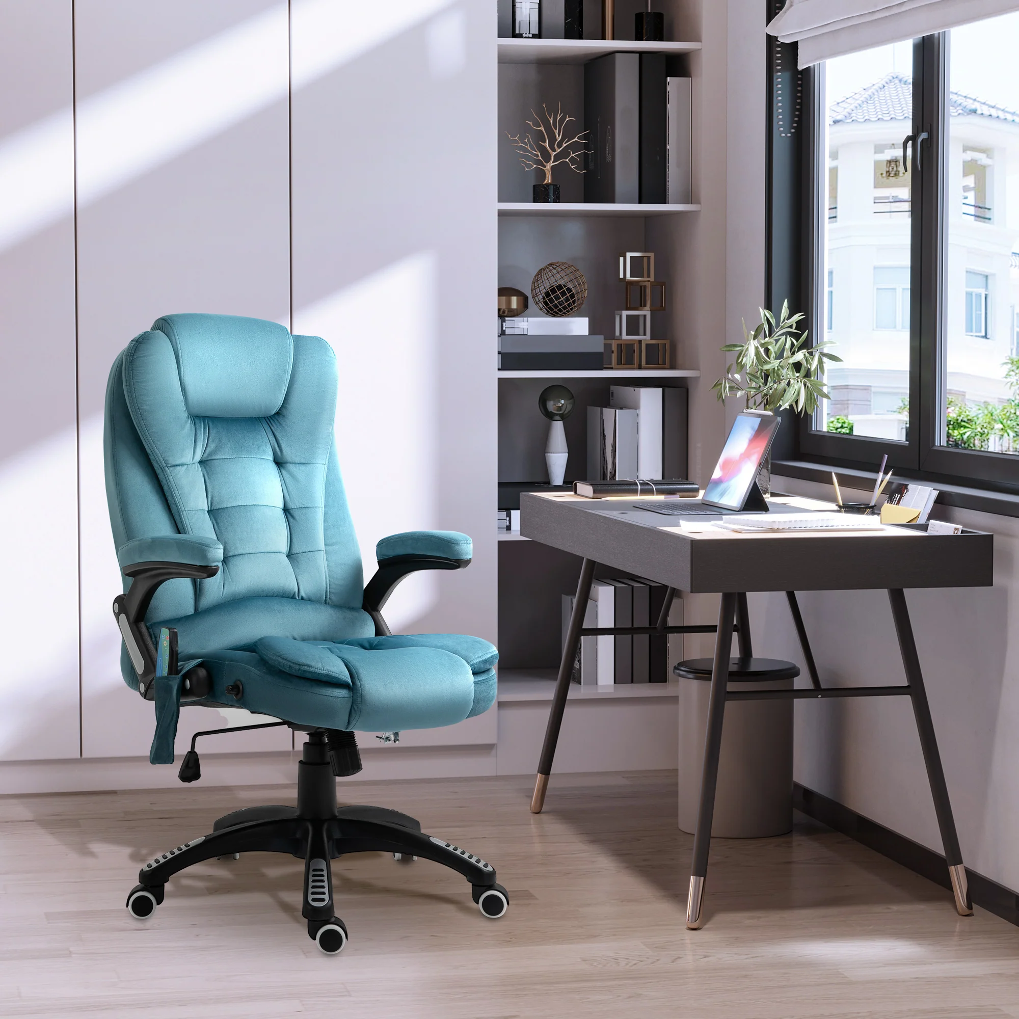 Silla de Oficina Ergonómica con Masaje de 6 Puntos y Calefacción en la Espalda, Tela Tipo Terciopelo, Azul