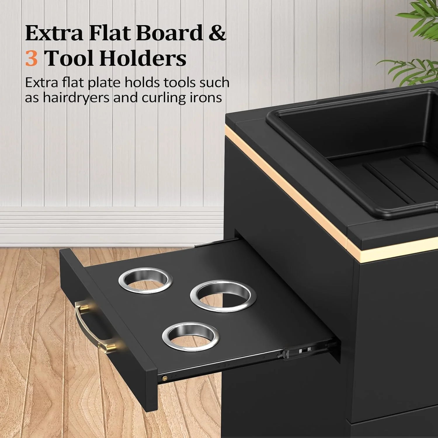 OmySalon Estación de Almacenamiento para Salones – Mueble de Peluquería con 3 Cajones, Compartimento de Almacenamiento y 3 Soportes para Secadores – Color Oro Blanco