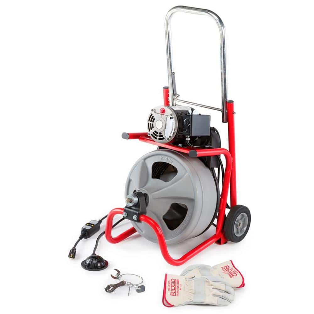 K-400 Desatascador de Drenajes 120 V, Máquina de Tambor con Cable C-32IW de 3/8 x 75 pies + Juego de Herramientas de 4 Piezas y Guantes 52363