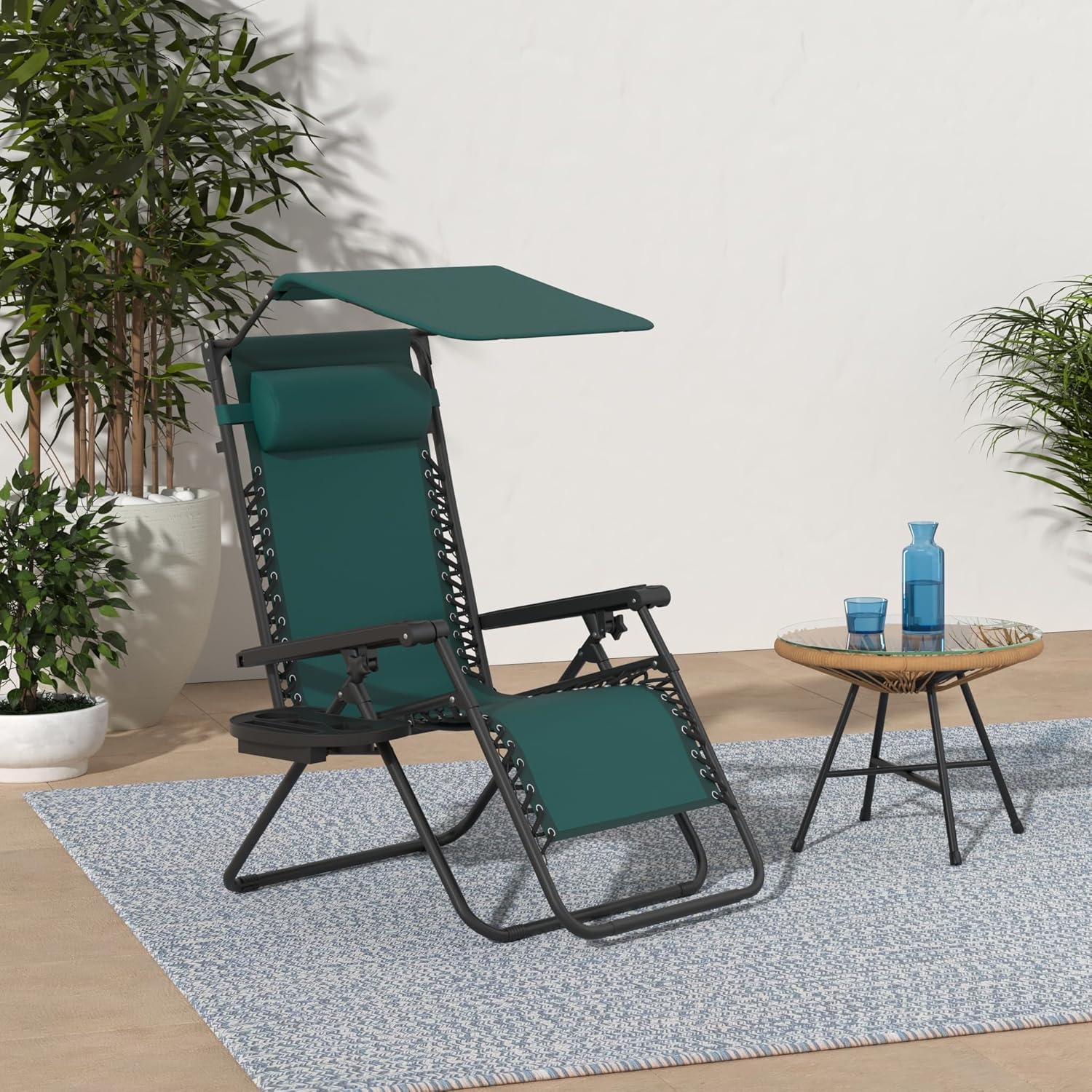 Best Choice Products – Silla Reclinable de Patio con Gravedad Cero, Ajustable y Plegable para Exteriores con Dosel, Almohada Cervical y Bandeja Lateral, Textileno – Azul Pavo Real