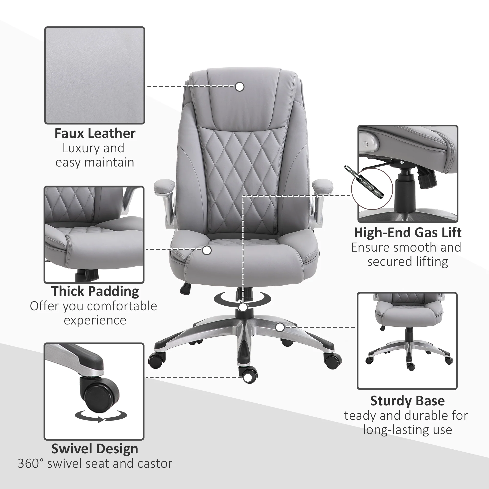 2025 Silla de Oficina de Cuero PU con Reposabrazos Abatibles, Altura Ajustable y Ruedas Giratorias, Gris