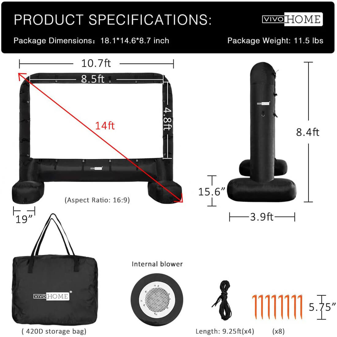 Pantalla de Cine Inflable Mega de 14-17 Pies para Proyección Frontal y Trasera