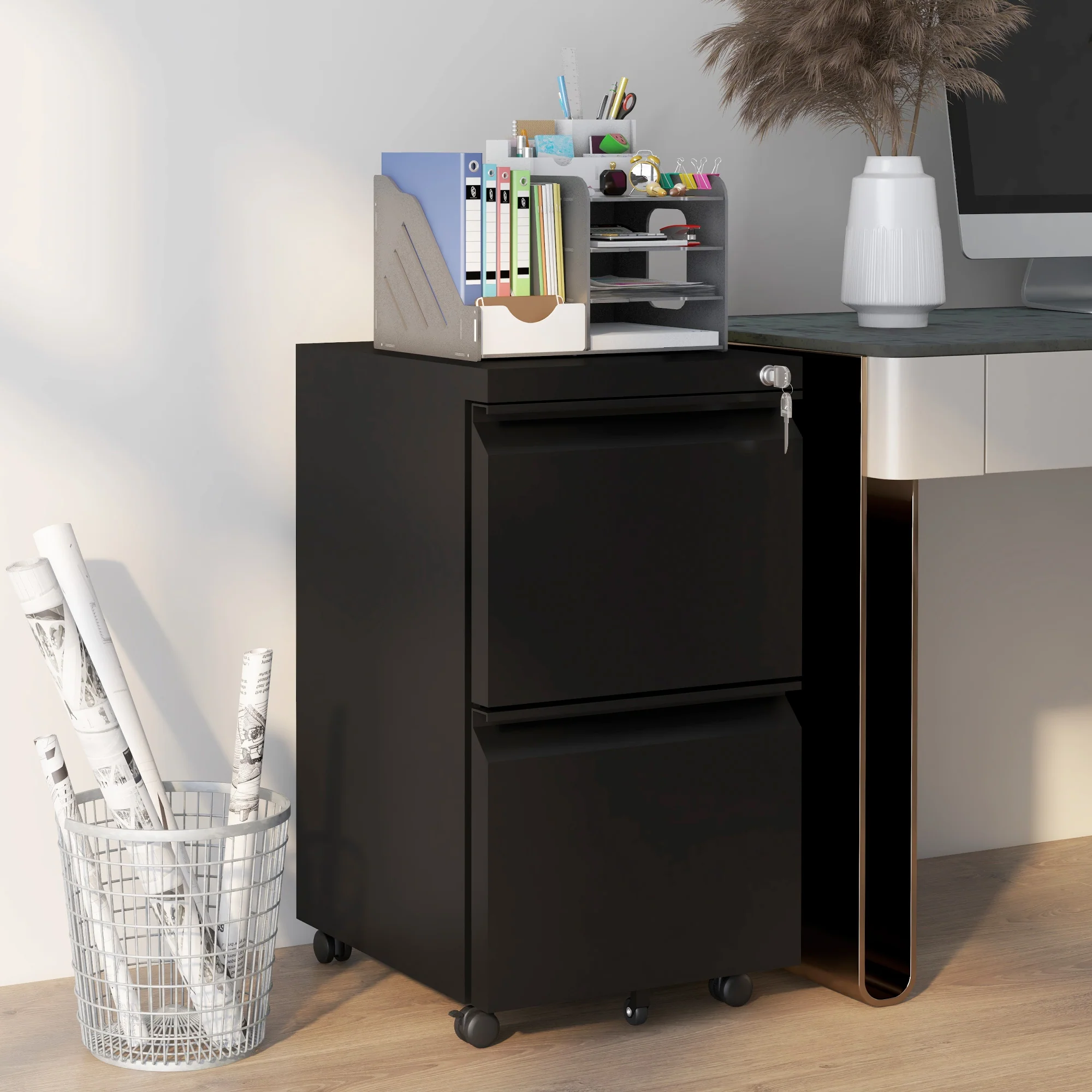 Archivador Móvil con 2 Cajones, Mueble de Archivo Cerrable de Acero, Cuerpo Preensamblado, Negro
