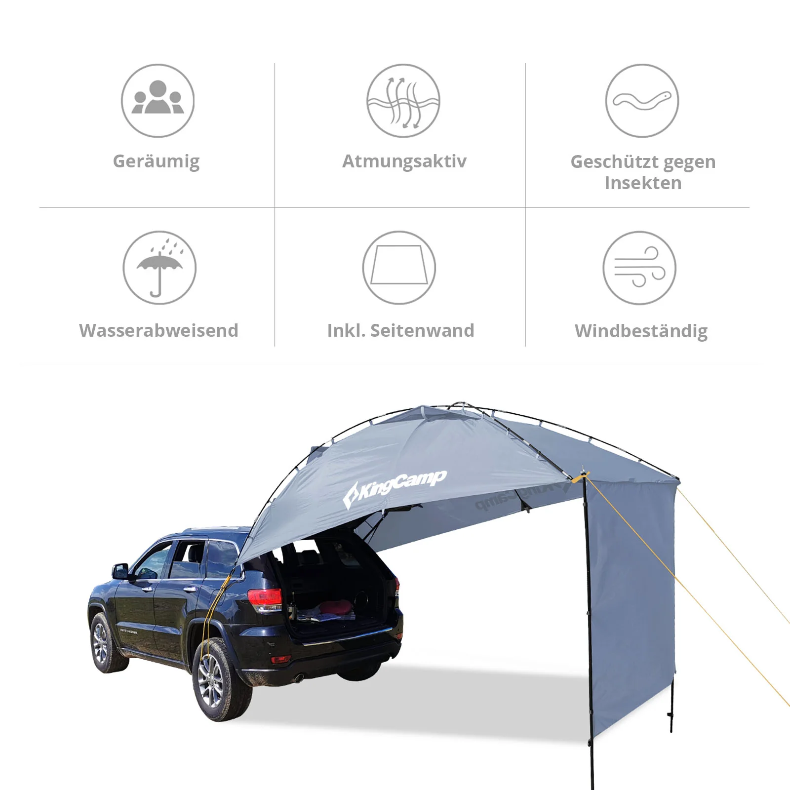 2025 KingCamp Compass Plus – Pabellón multifuncional para vehículos con protección visual impermeable y cortaviento, 4 postes de soporte, uso versátil y transporte compacto