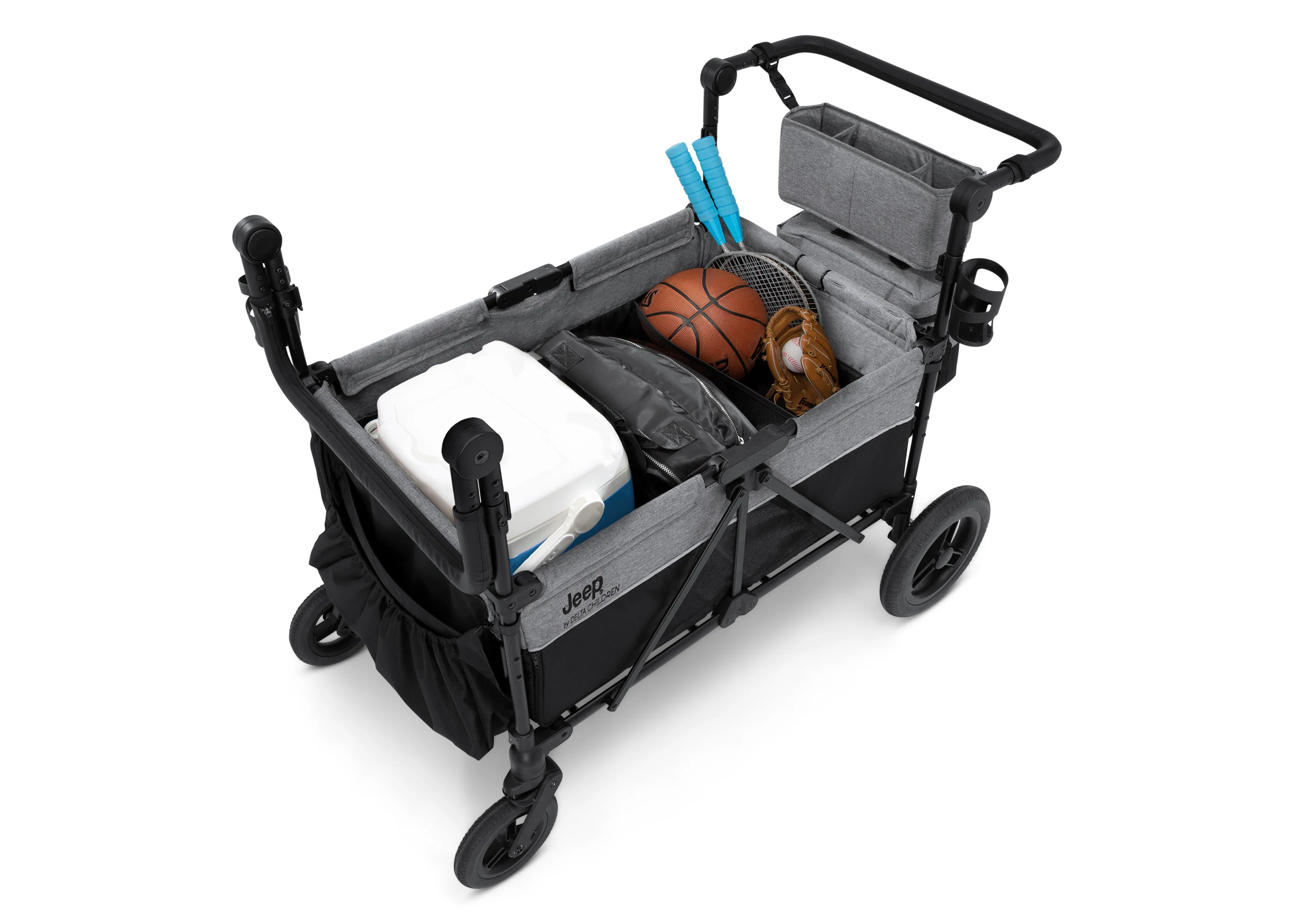 Carrito-Paseador Jeep Wrangler Deluxe para 4 Niños – Capota Desmontable, Bolsa Térmica, Asientos Modulares, Almacenamiento XXL, Ruedas Antipinchazos, Manillares Ajustables