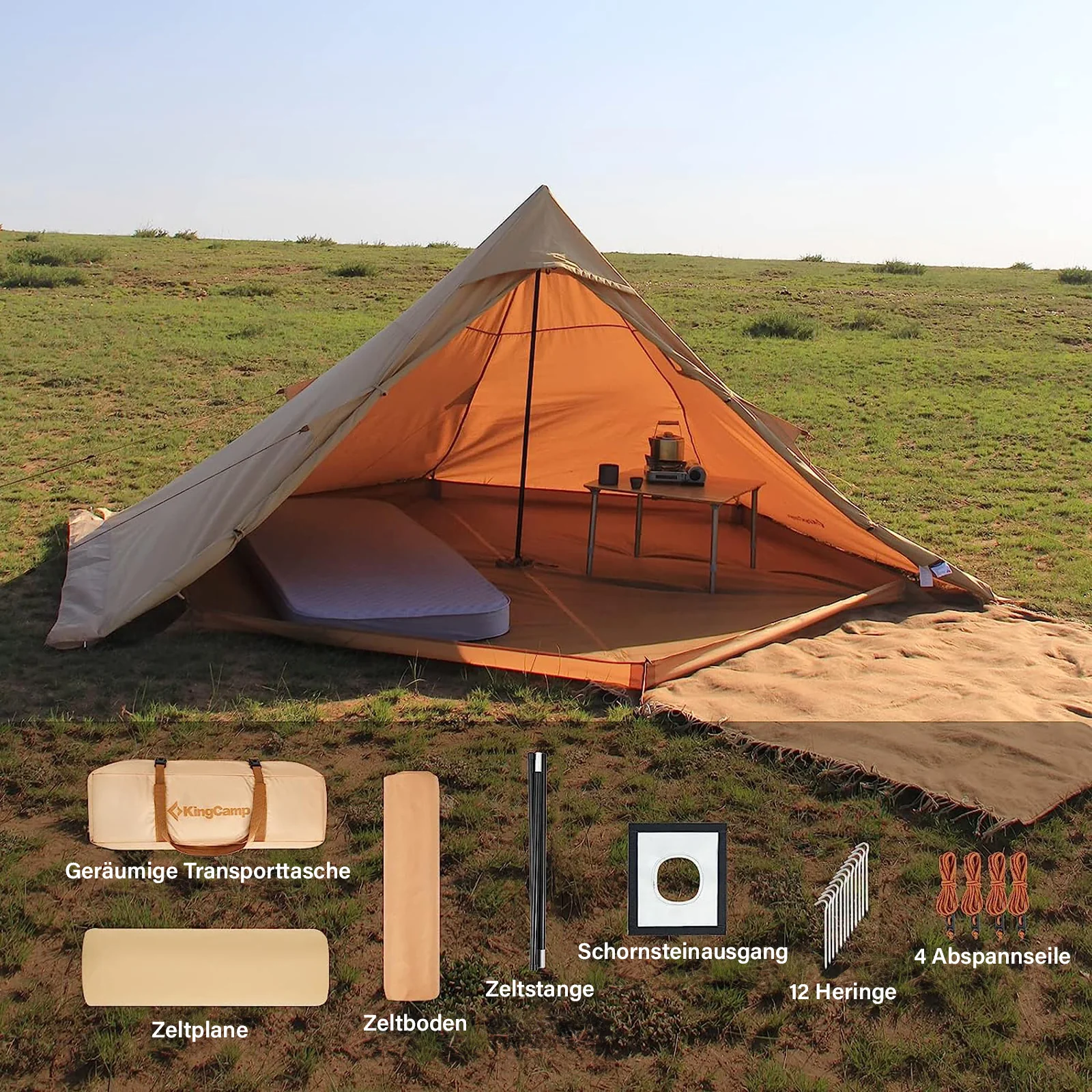 2025 KingCamp Torino – Tienda compacta para 1-2 personas con estructura de poste único, tela técnica de algodón, salida para chimenea y diseño resistente a la intemperie