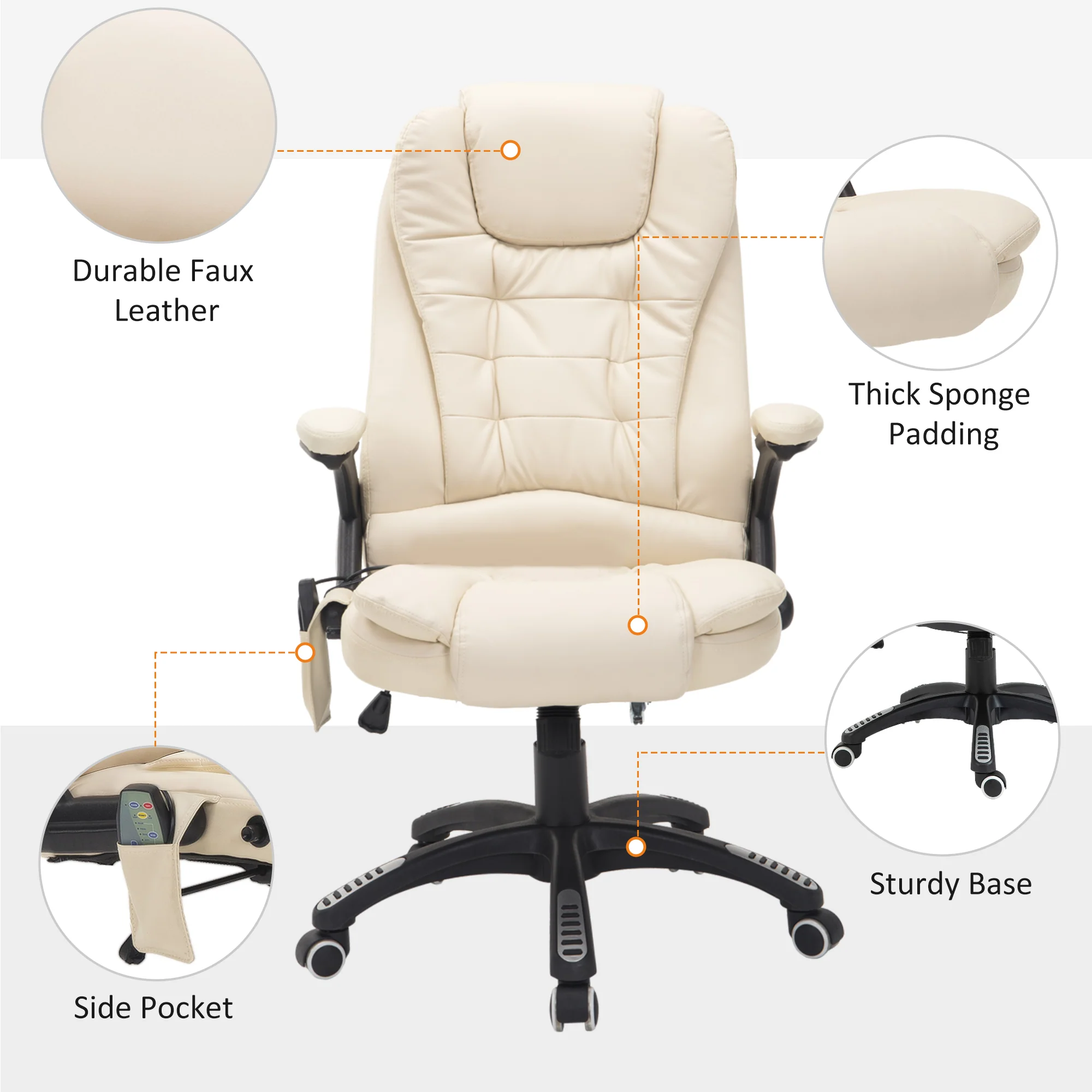 Silla de oficina ejecutiva con masaje y calefacción, sillón de oficina de cuero PU con respaldo alto, beige