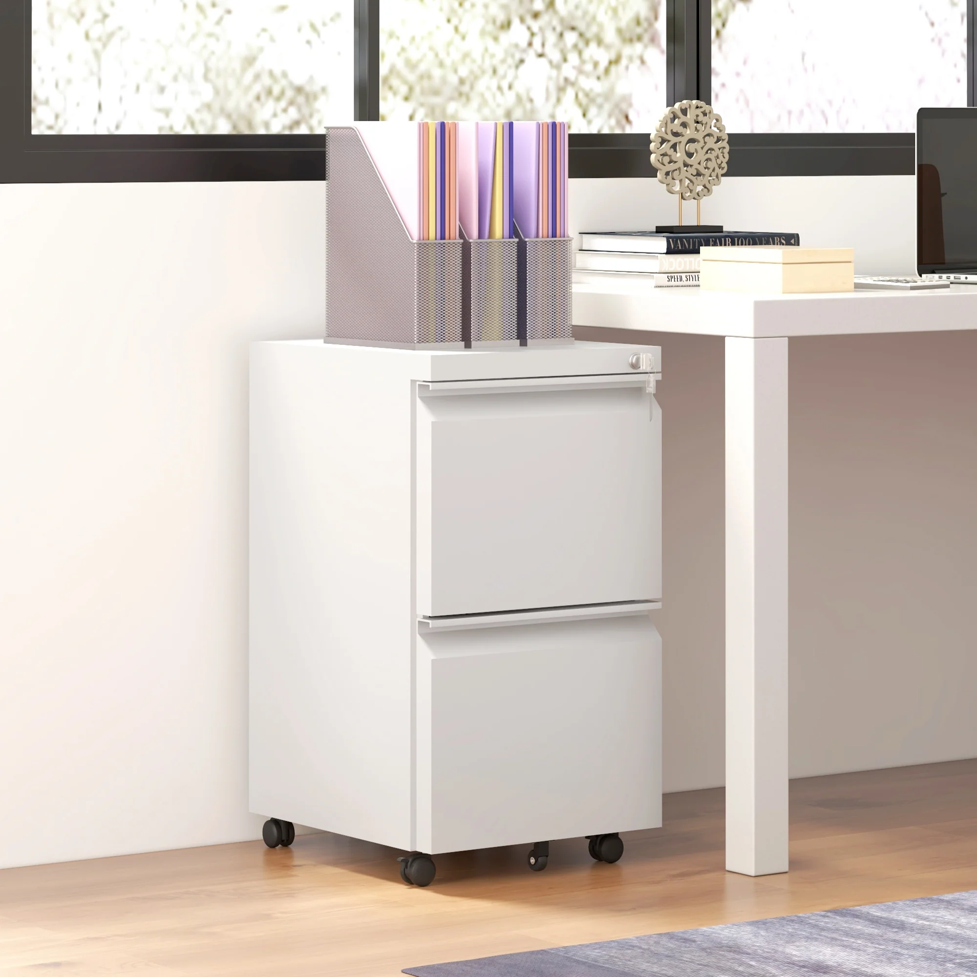 Archivador Móvil con 2 Cajones, Mueble de Archivo Cerrable de Acero, Cuerpo Preensamblado, Blanco