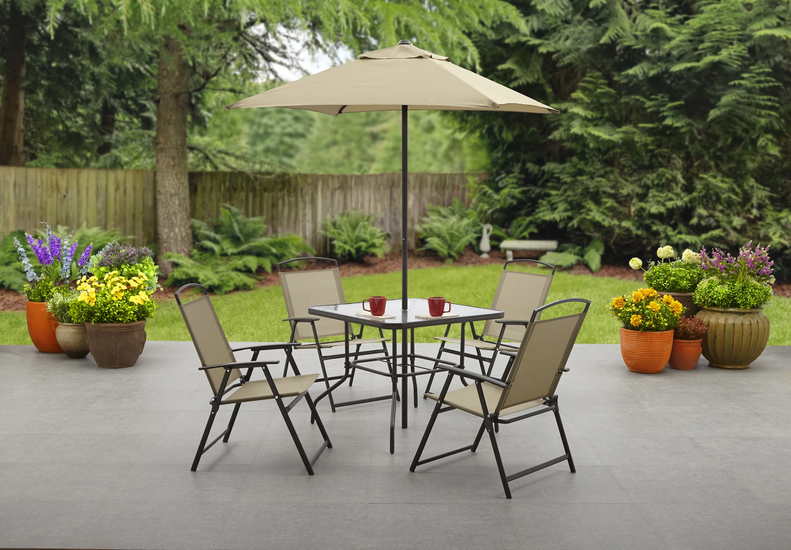 2025 Juego de comedor exterior Mainstays Albany Lane de 6 piezas con sombrilla, acero, rojo