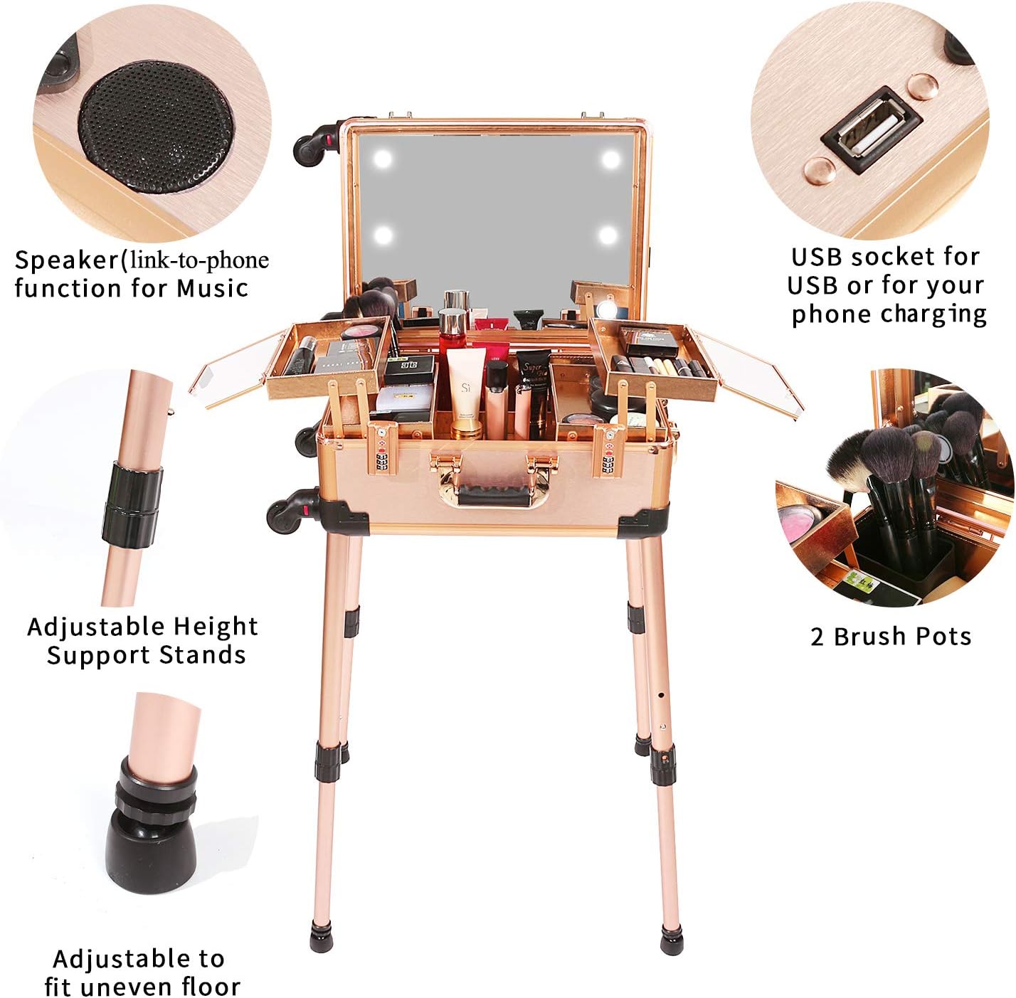 Maletín mediano para maquillaje con cerradura de código, espejo iluminado, altavoz, organizador de cosméticos de viaje, trolley profesional para artistas, estuche independiente para estudio