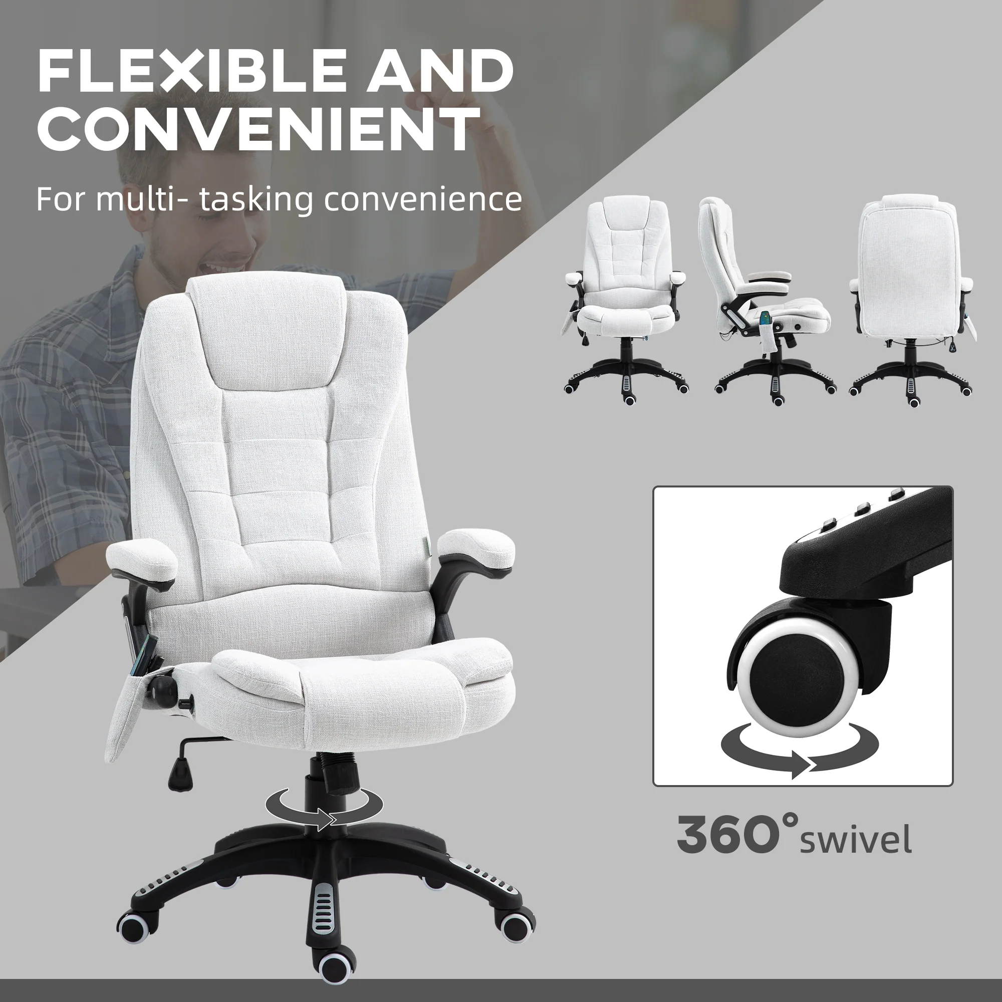 Silla de Oficina Ergonómica con Masaje de 6 Puntos y Calefacción en la Espalda, Tela Tipo Lino, Blanco Crema