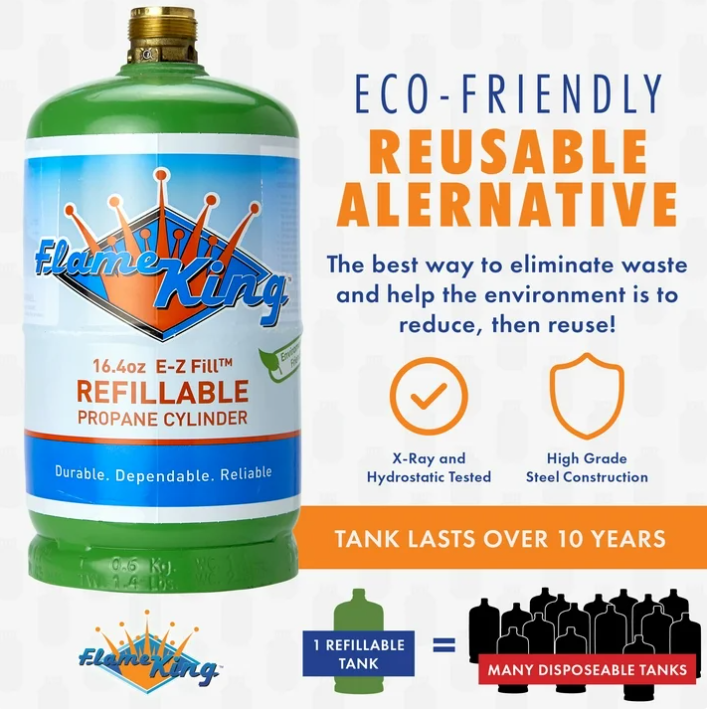 Cilindro de Propano Recargable Flame King de 1 lb con Kit de Recarga