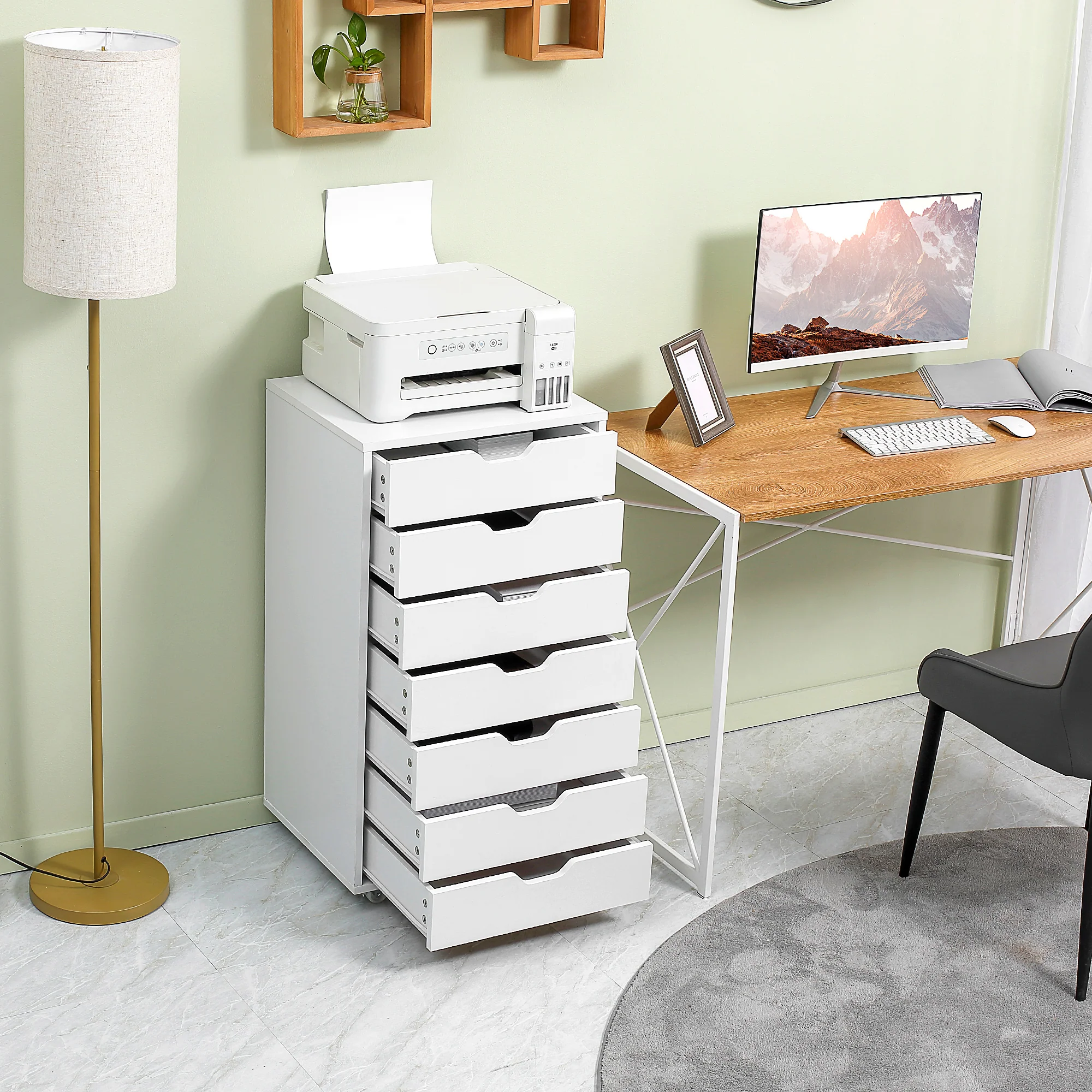 Cajonera Vertical de 7 Cajones, Mueble de Oficina Móvil con Ruedas, Blanco