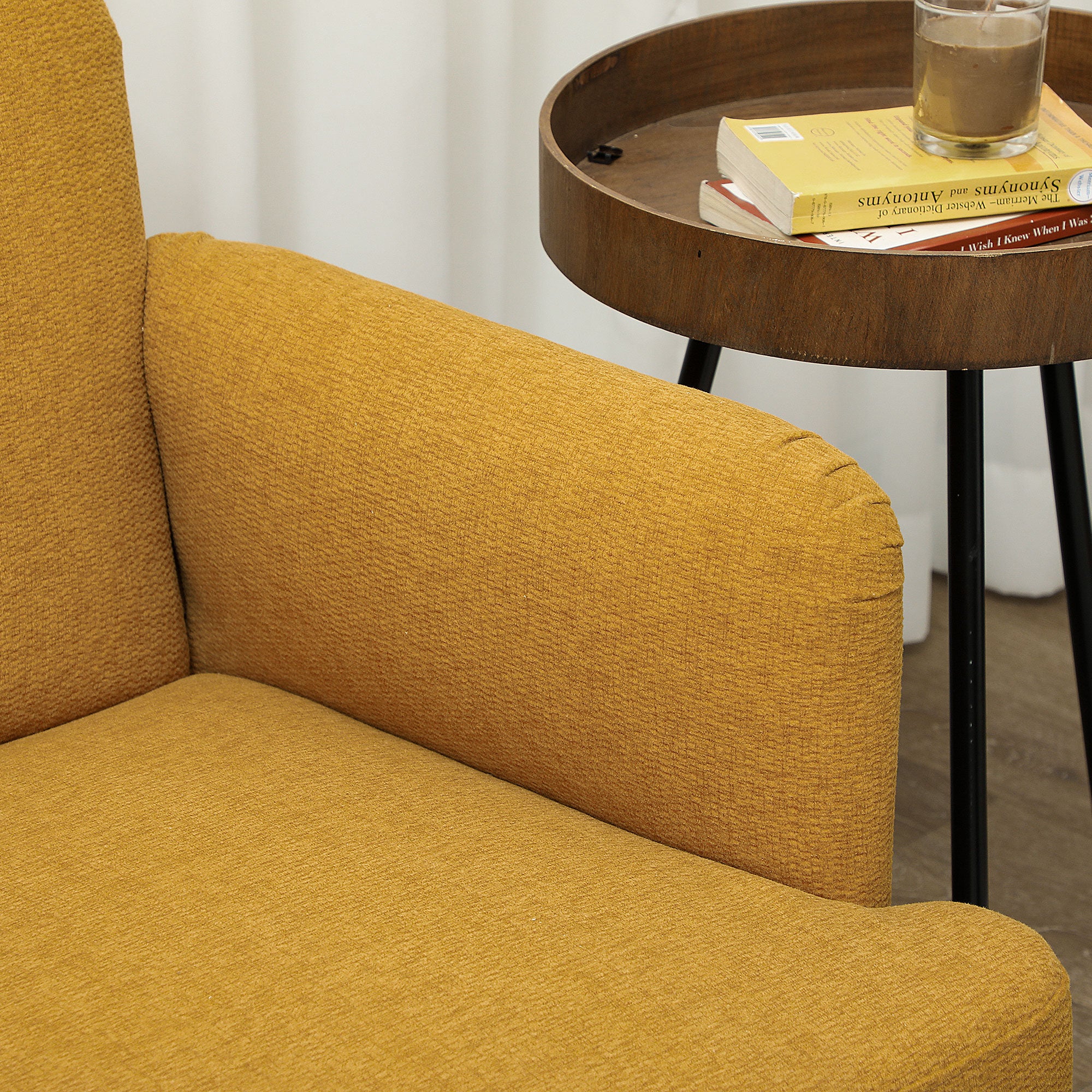 Sofá de 2 plazas en terciopelo, acolchado grueso de 21 cm y patas de madera, color amarillo