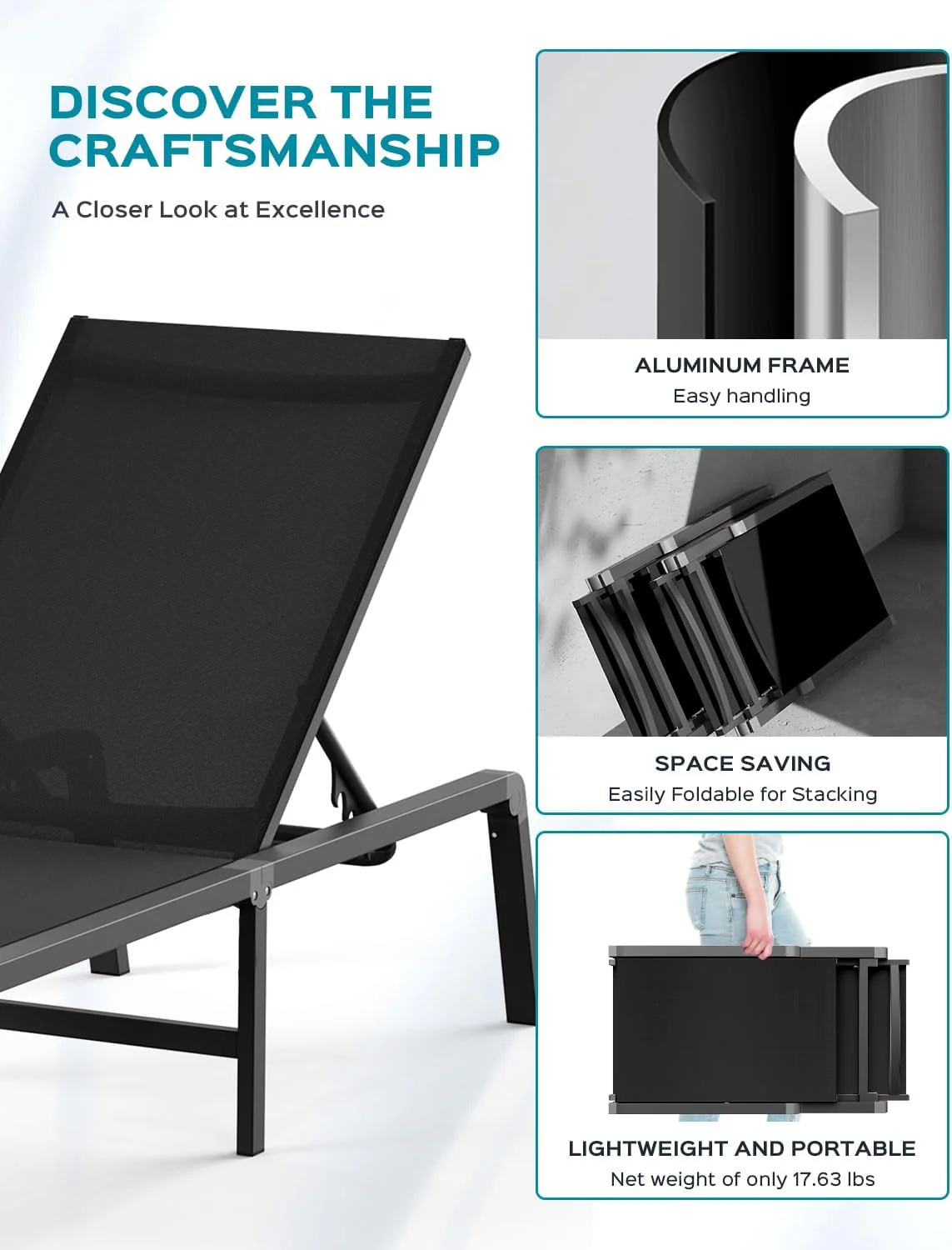 Tumbona de Aluminio para Exterior – Silla de Jardín Plegable sin Montaje, con Respaldo Ajustable en 5 Posiciones, para Terraza, Piscina, Playa – Negra