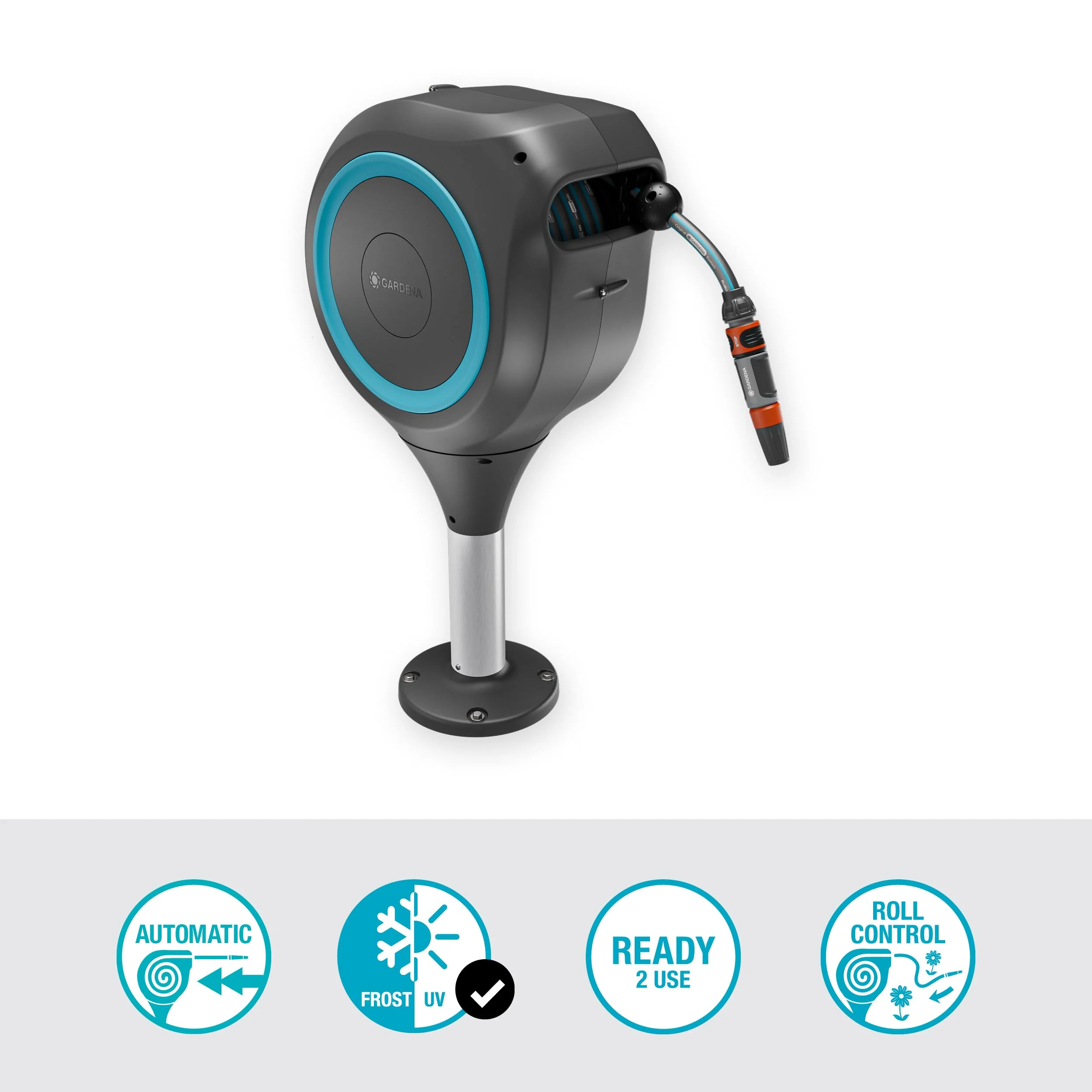 2025 Caja para Manguera de Terraza Gardena RollUp M: Caja Resistente a la Intemperie con Tecnología RollUp y Manguera de 20 m, Riego de Jardines Medianos con Terraza, Enrollado Automático, Turquesa (18615-20)