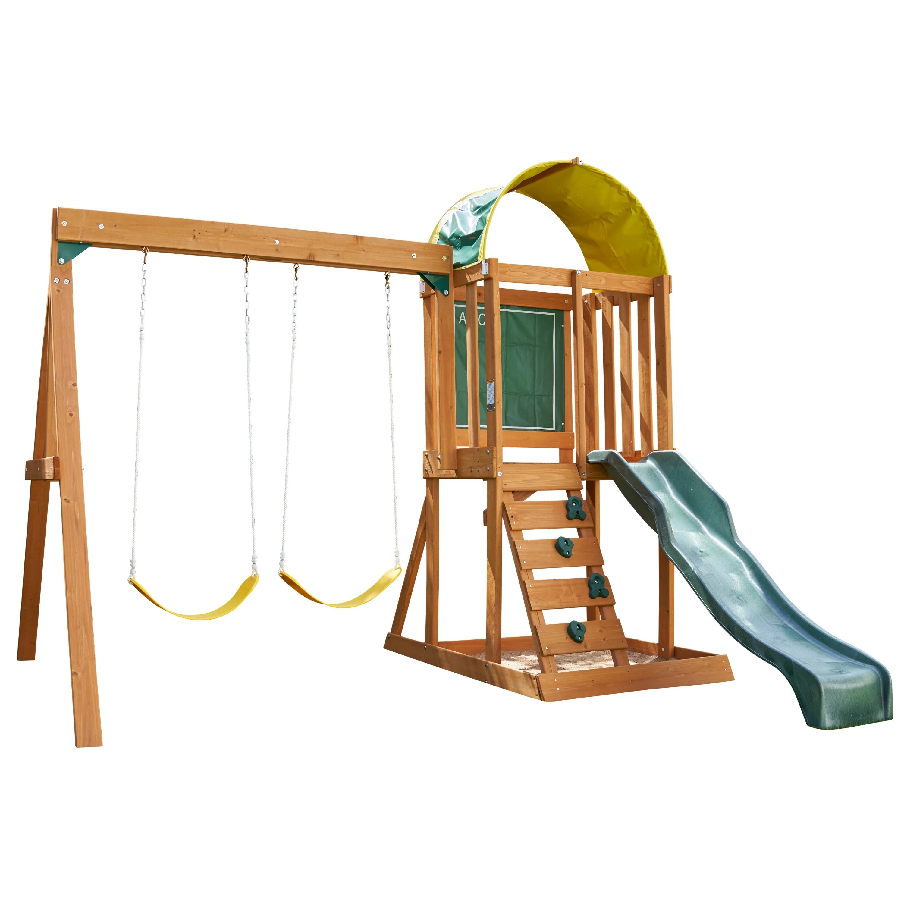 El conjunto de juegos al aire libre KidKraft Ainsley con resbaladilla y pared para escalar
