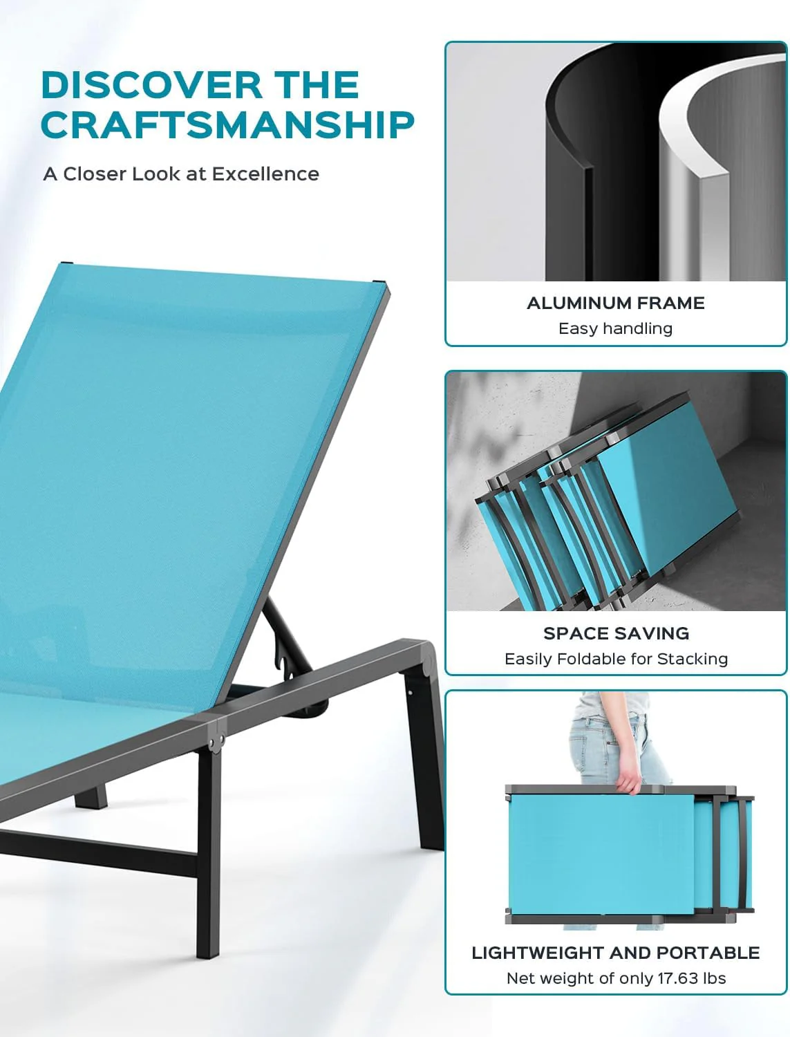 Tumbona de Aluminio para Exterior – Silla de Jardín Plegable sin Montaje, con Respaldo Ajustable en 5 Posiciones, para Terraza, Piscina, Playa – Negra