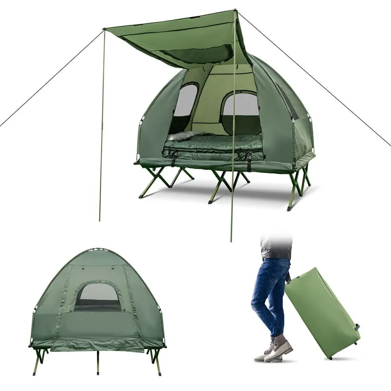 Tienda de Campaña 5 en 1 para 2 Personas con Cama Plegable, Colchón Inflable, Saco de Dormir y Parasol UV