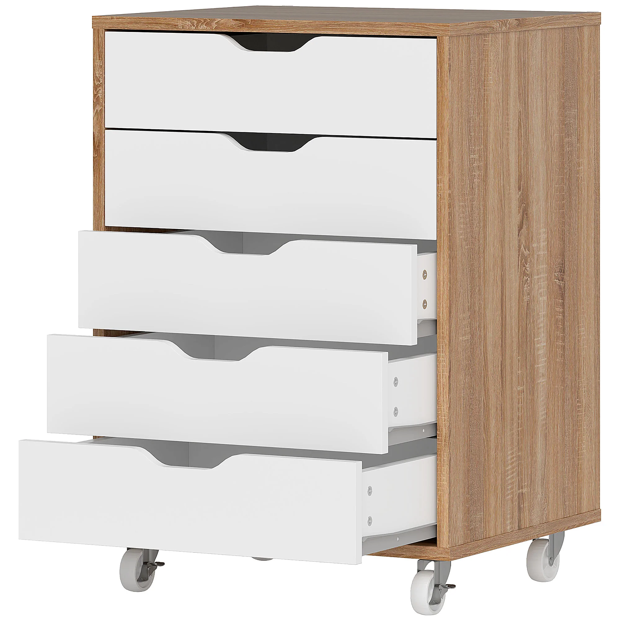 Cajonera Vertical de 5 Cajones, Mueble de Oficina Móvil con Ruedas, Roble