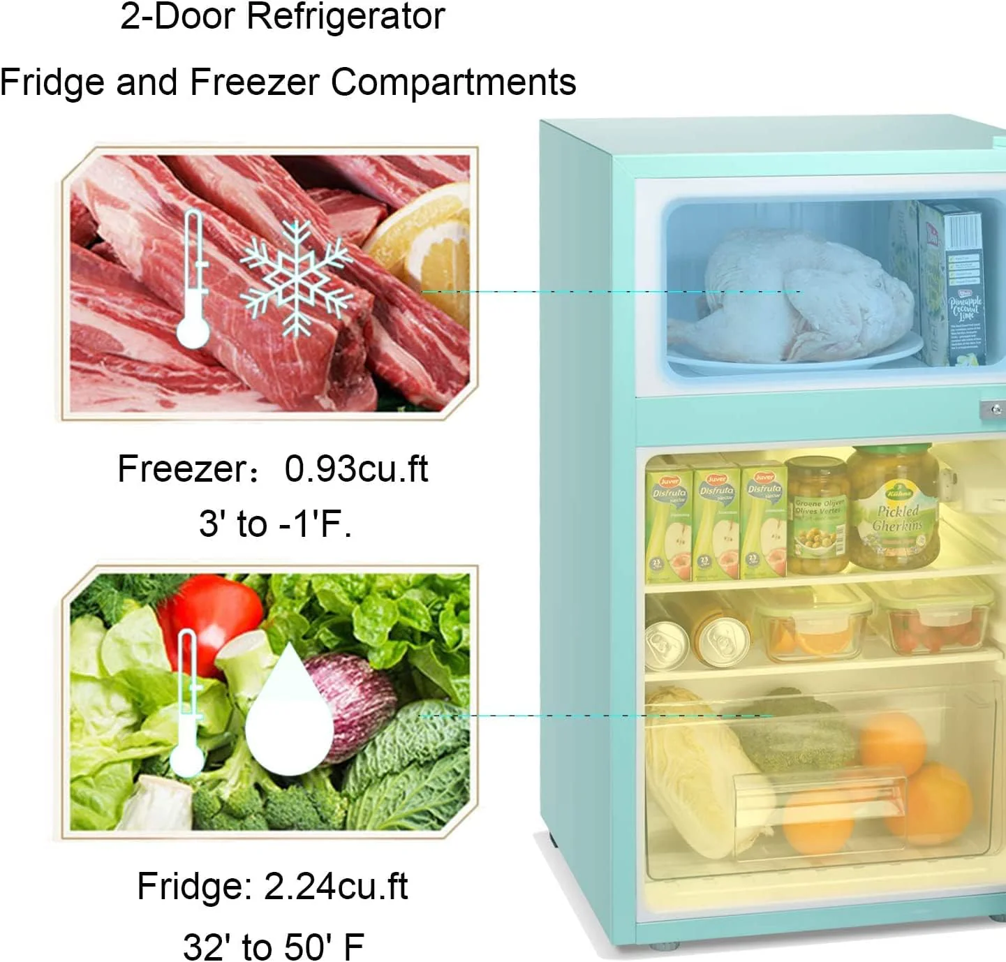 2025 Refrigerador compacto Antarctic Star con congelador separado, mini nevera de doble puerta, estantes ajustables y desmontables, estilo retro de acero inoxidable, para sala/cocina/dormitorio/oficina, 3,2 pies³, verde