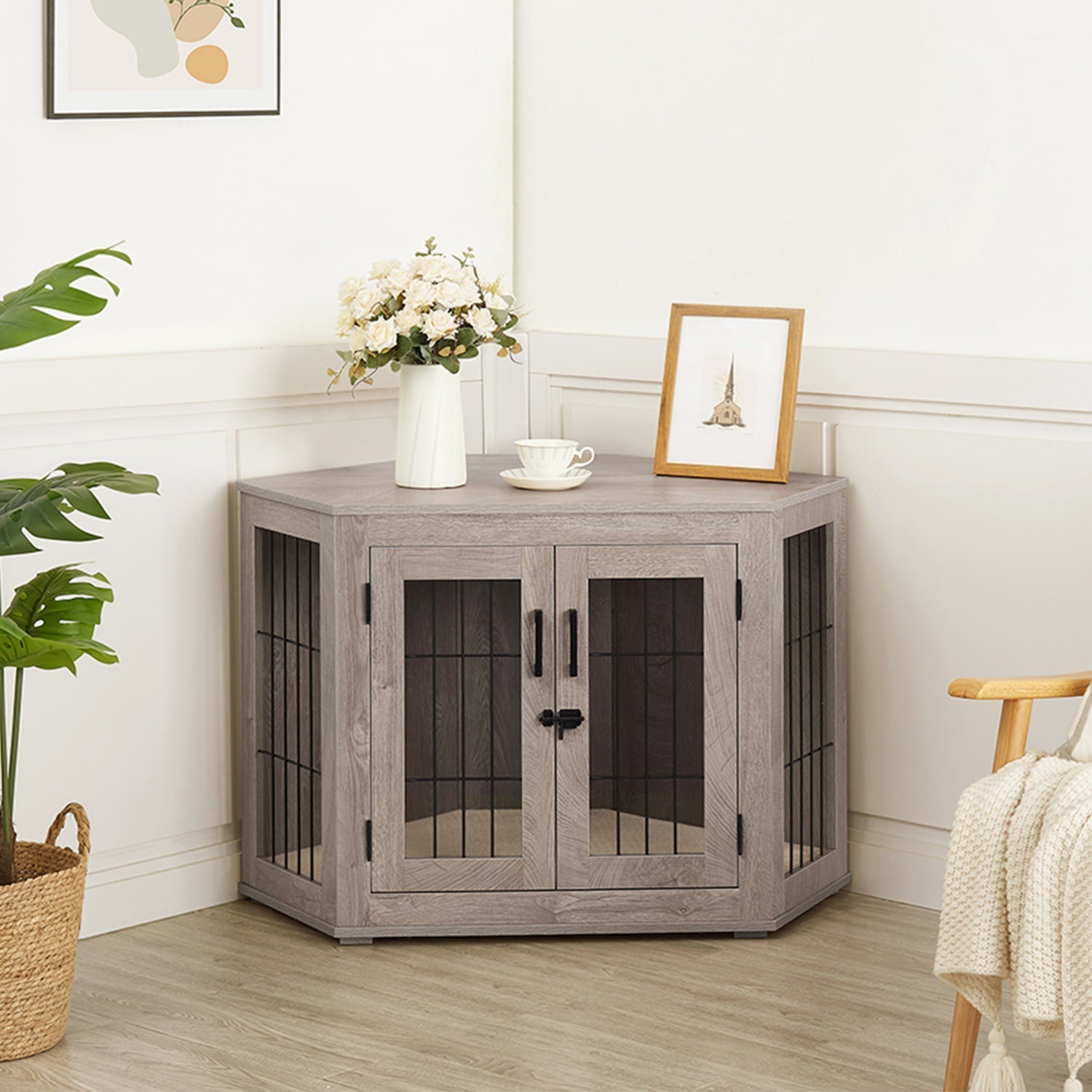 Mueble para Jaula de Perro Esquinero Unipaws, Perrera de Madera para Cachorros y Perros, Jaula para Mascotas para Espacios Limitados, Tamaño Mediano, Gris Envejecido