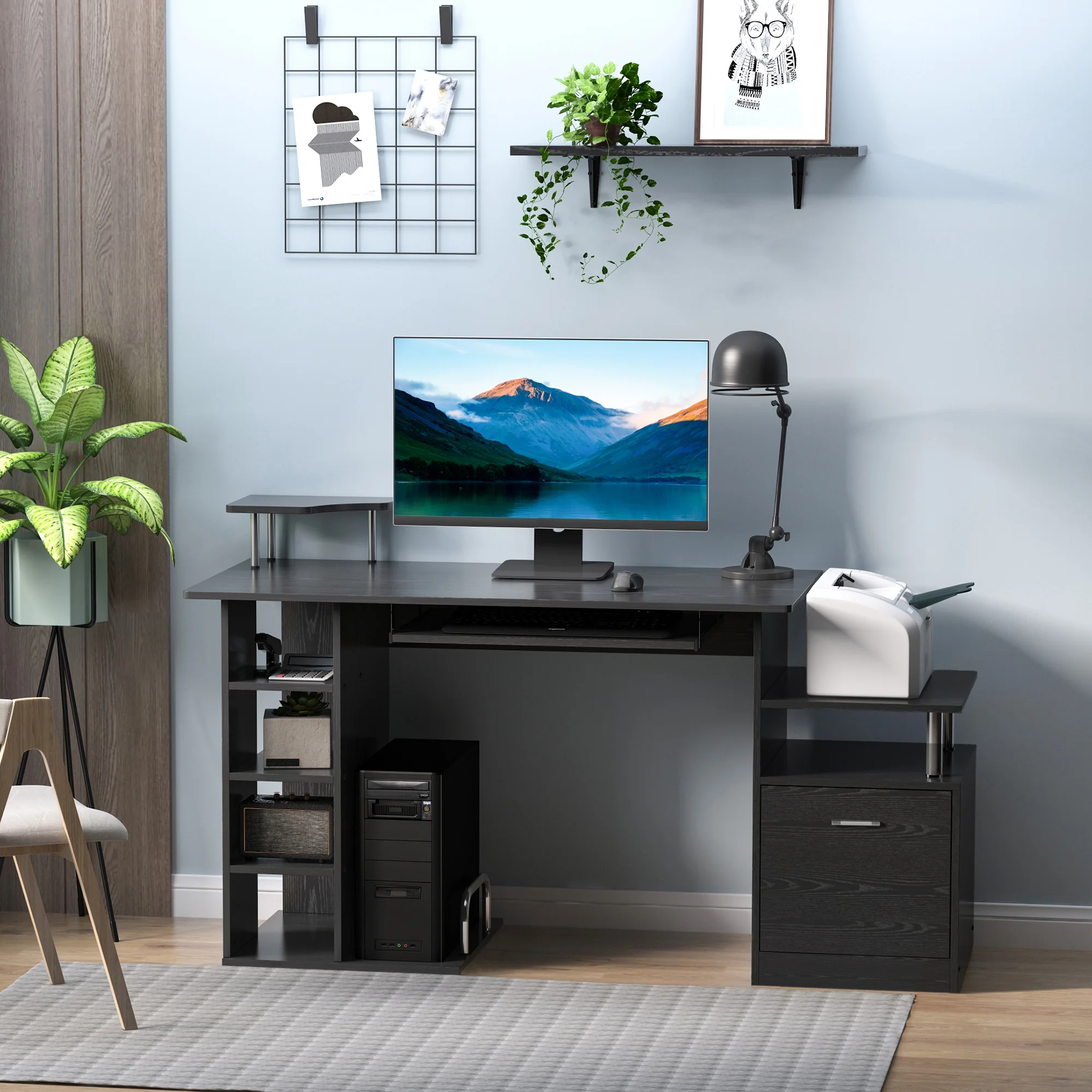 Estación de Trabajo para Ordenador con Cajón y Estanterías, Soporte para CPU, Escritorio para Oficina en Casa, Negro