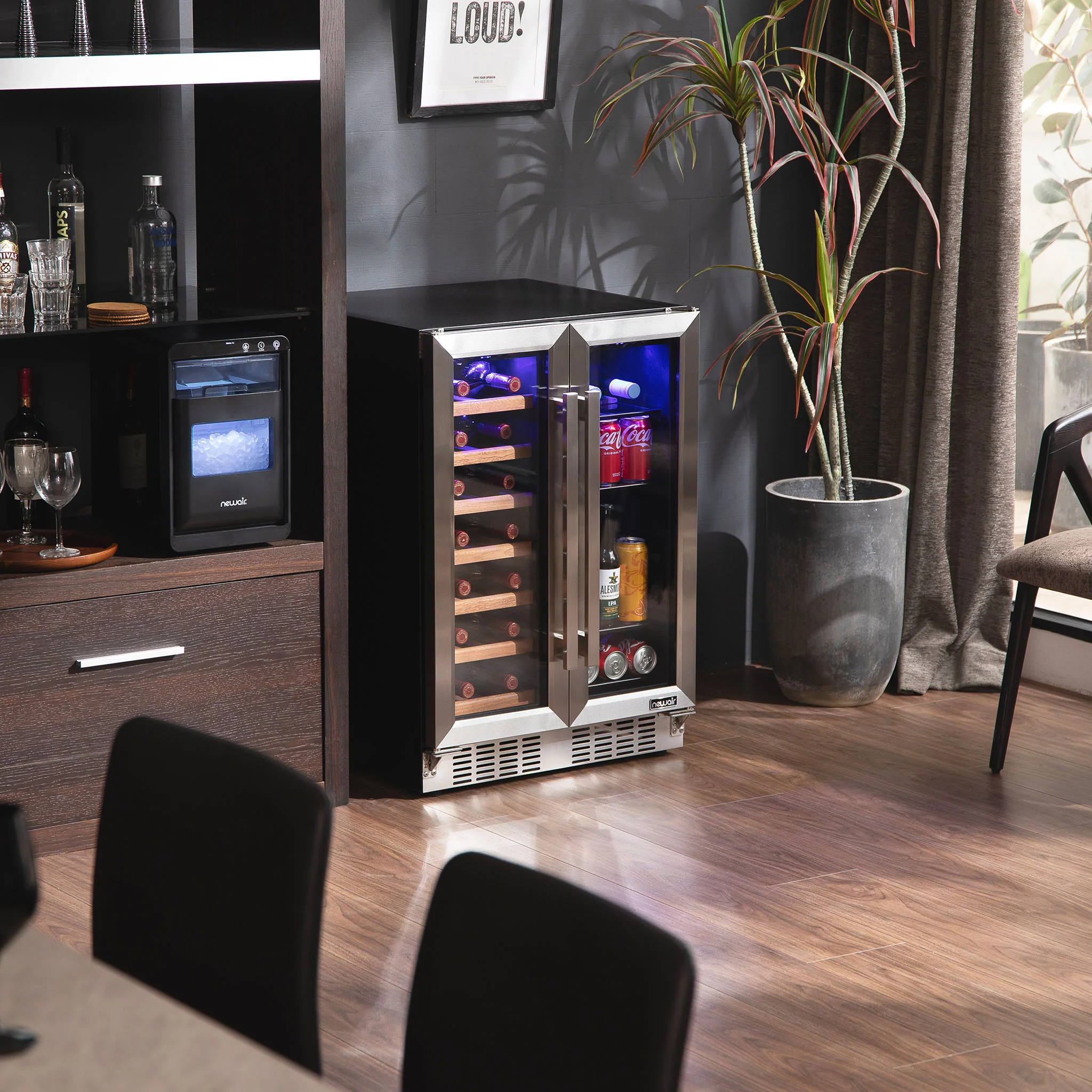 2025 Refrigerador para Vinos y Bebidas Newair – Doble Zona con Puertas Francesas (24 pulgadas)