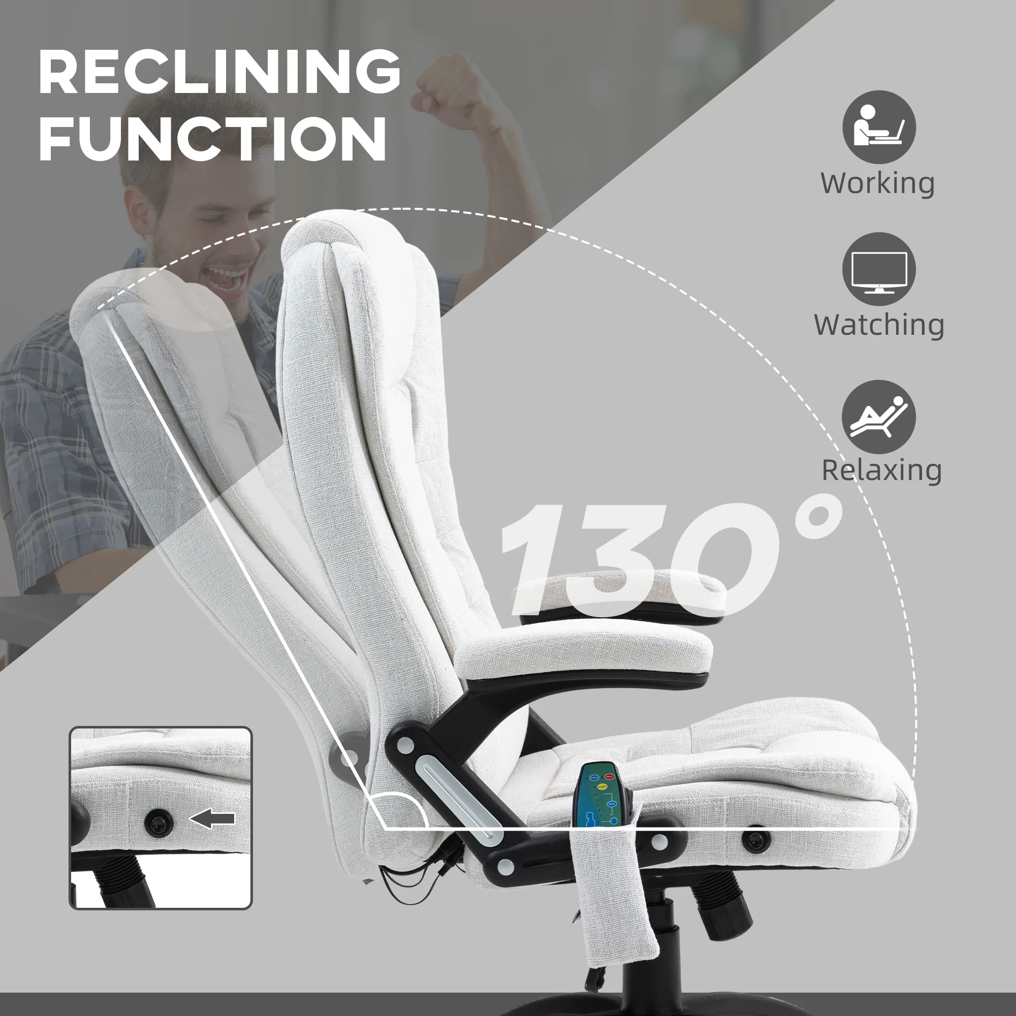 Silla de Oficina Ergonómica con Masaje de 6 Puntos y Calefacción en la Espalda, Tela Tipo Lino, Blanco Crema