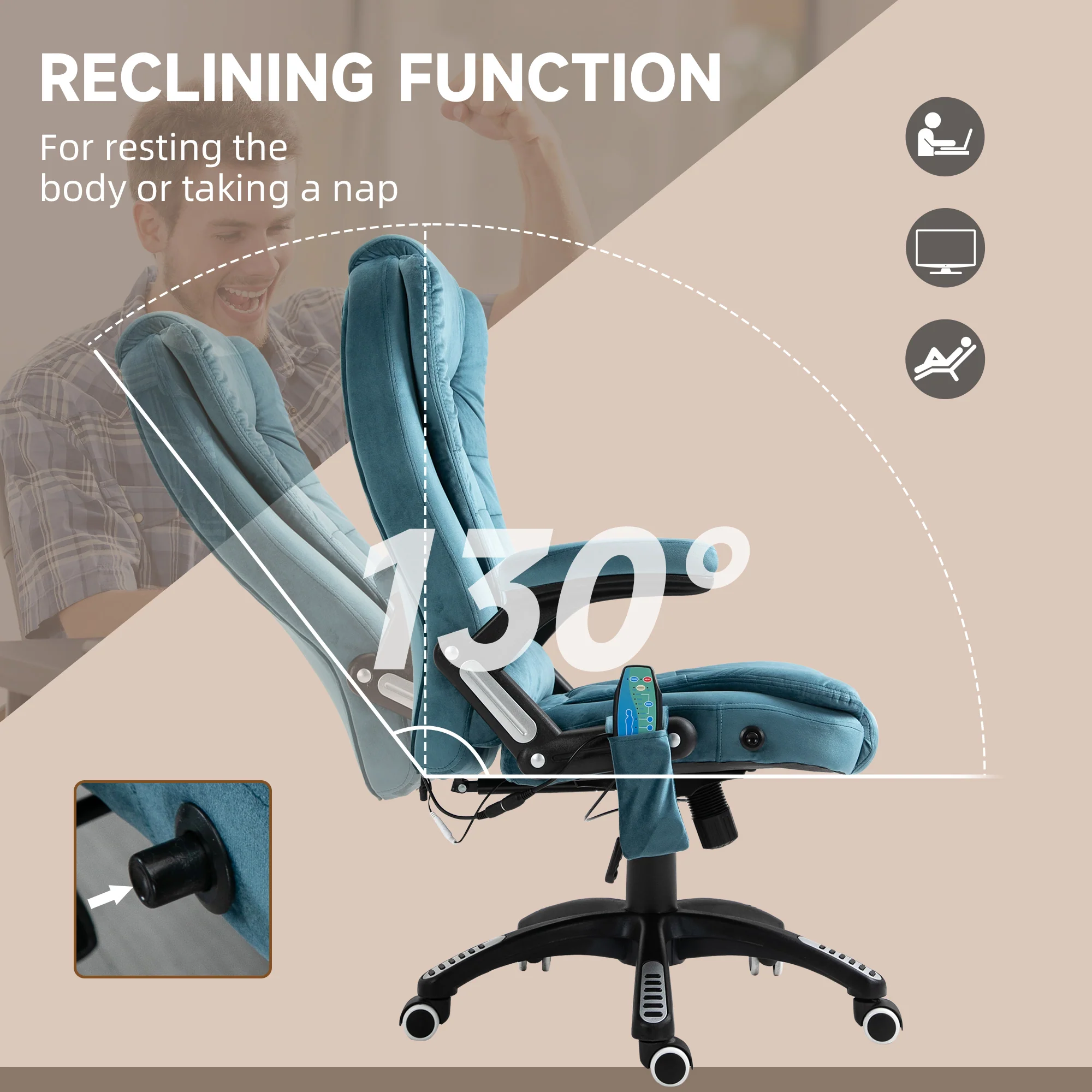 Silla de Oficina Ergonómica con Masaje de 6 Puntos y Calefacción en la Espalda, Tela Tipo Terciopelo, Azul