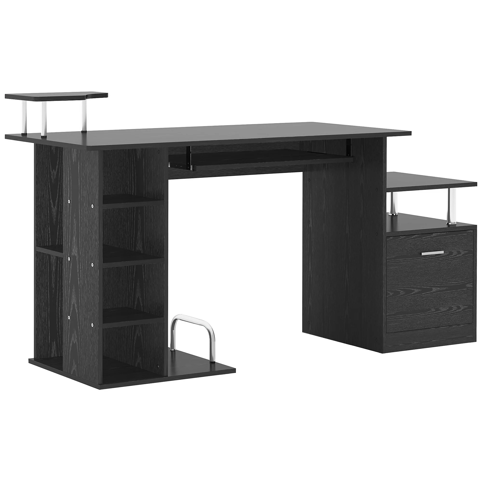 Estación de Trabajo para Ordenador con Cajón y Estanterías, Soporte para CPU, Escritorio para Oficina en Casa, Negro