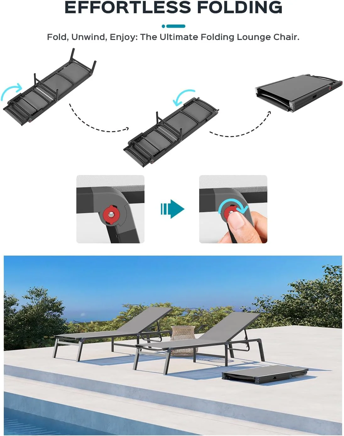 Tumbona de Aluminio para Exterior – Silla de Jardín Plegable sin Montaje, con Respaldo Ajustable en 5 Posiciones, para Terraza, Piscina, Playa – Negra