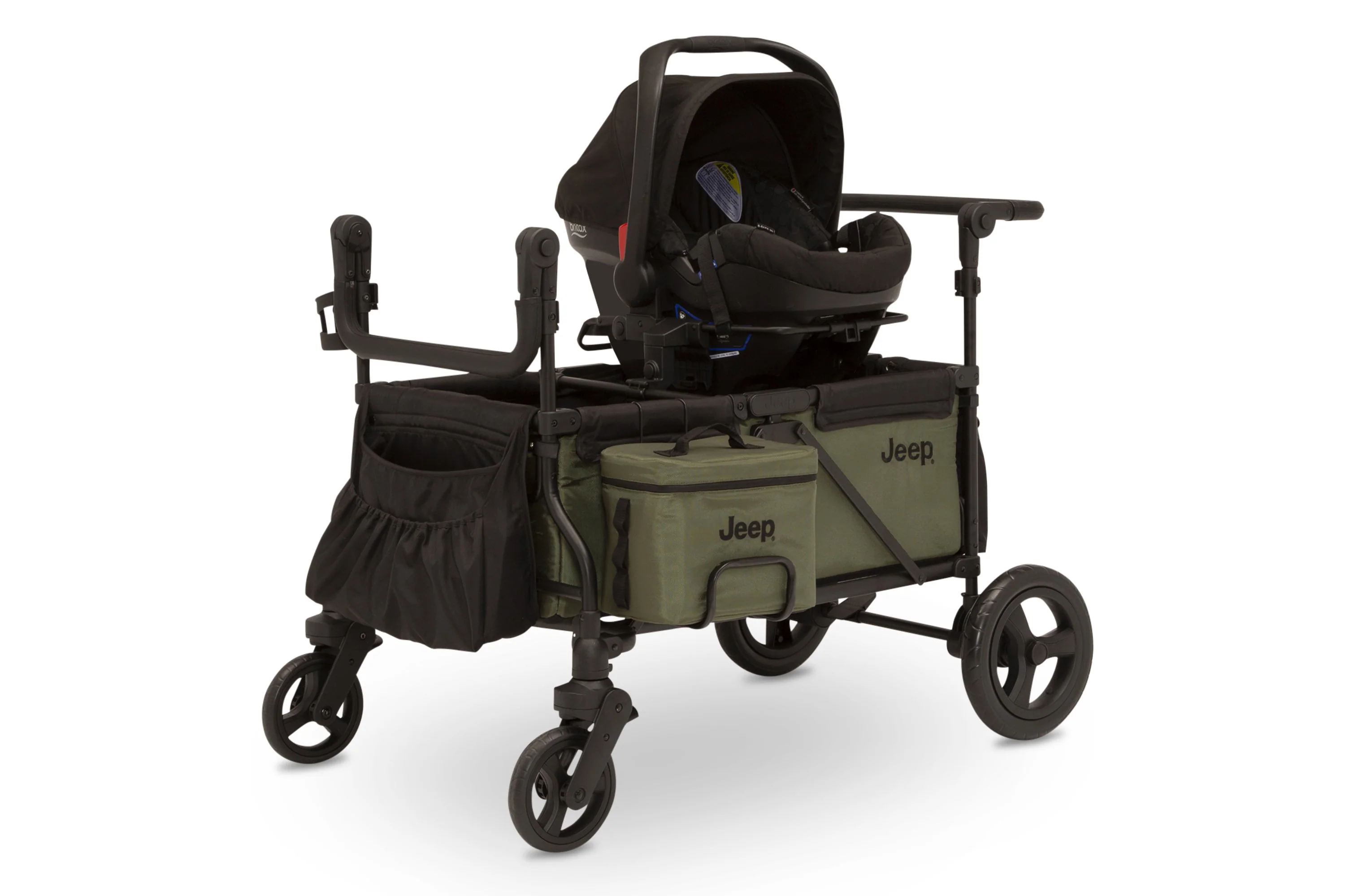 Carrito-Paseador Jeep Wrangler Deluxe – 2 Asientos con Arnés de 5 Puntos, Bolsa Térmica, Capota Anti-UV, Amplio Almacenamiento, Ruedas Todo Terreno Antipinchazos, Manillares Ajustables