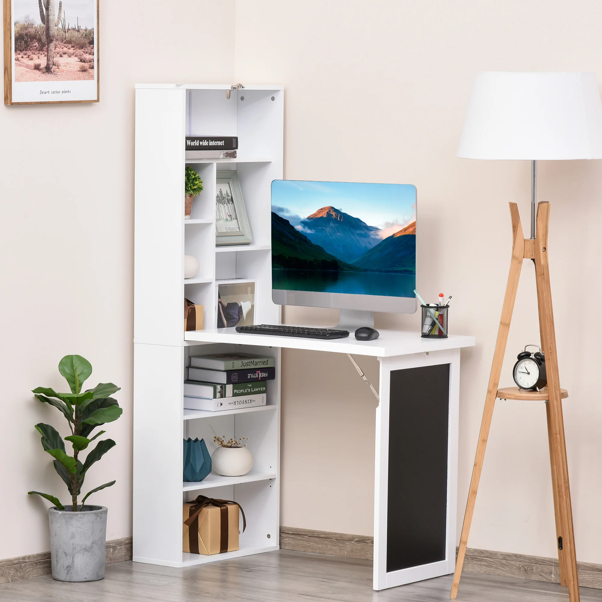 Escritorio de Ordenador de Pared – Mesa de Estudio Abatible con Pizarra y Estantería, Blanco