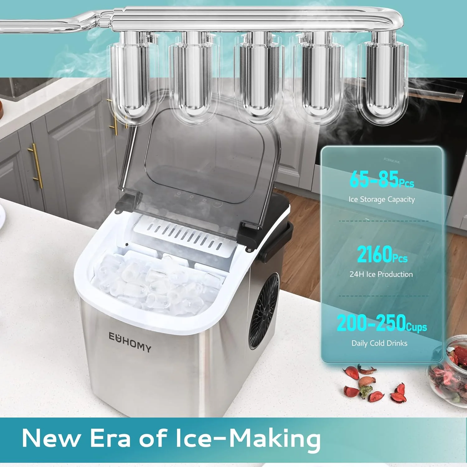 2025 Máquina de hielo portátil EUHOMY Silver Bullet de 12'' con asa – Eficiencia energética