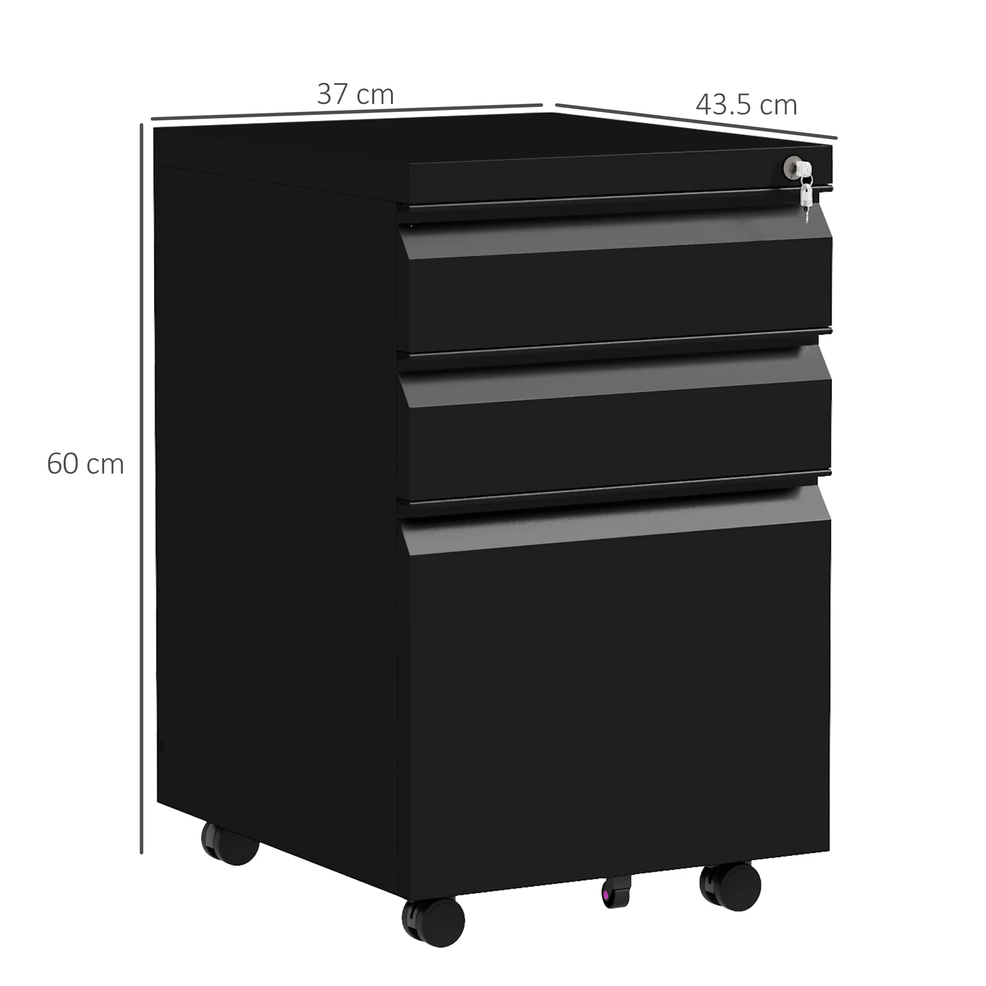 Cajonera Móvil de 3 Cajones, Cajones de Acero con Cerradura para Debajo del Escritorio, 37 x 43,5 x 60 cm, Negro