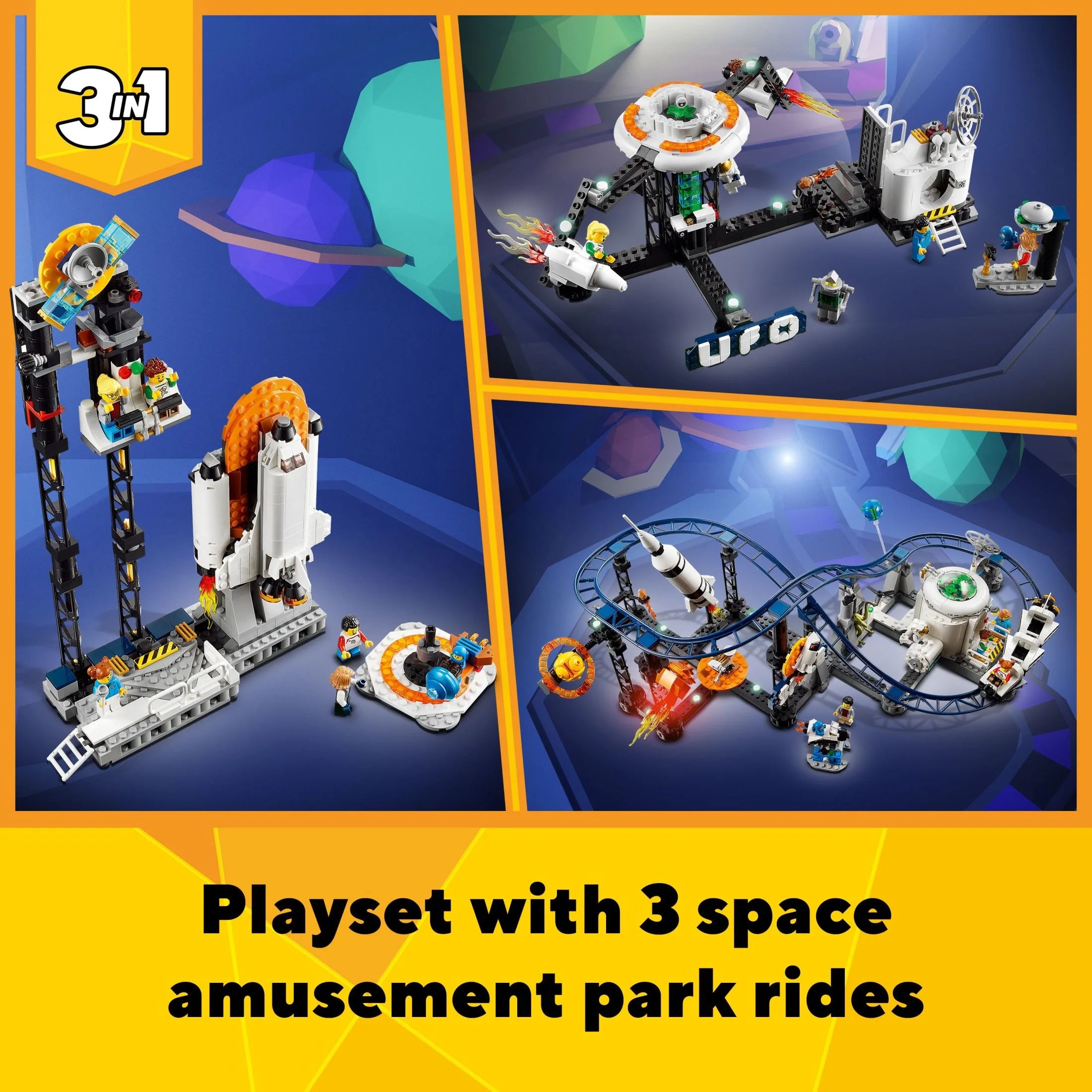 LEGO Creator 3 en 1 Montaña Rusa Espacial, Parque de Diversiones Reconfigurable, Construye una Montaña Rusa Espacial, Torre de Caída o Carrusel Giratorio, con 5 Minifiguras, Juguete de Construcción para Niños de 9 Años en Adelante, 31142