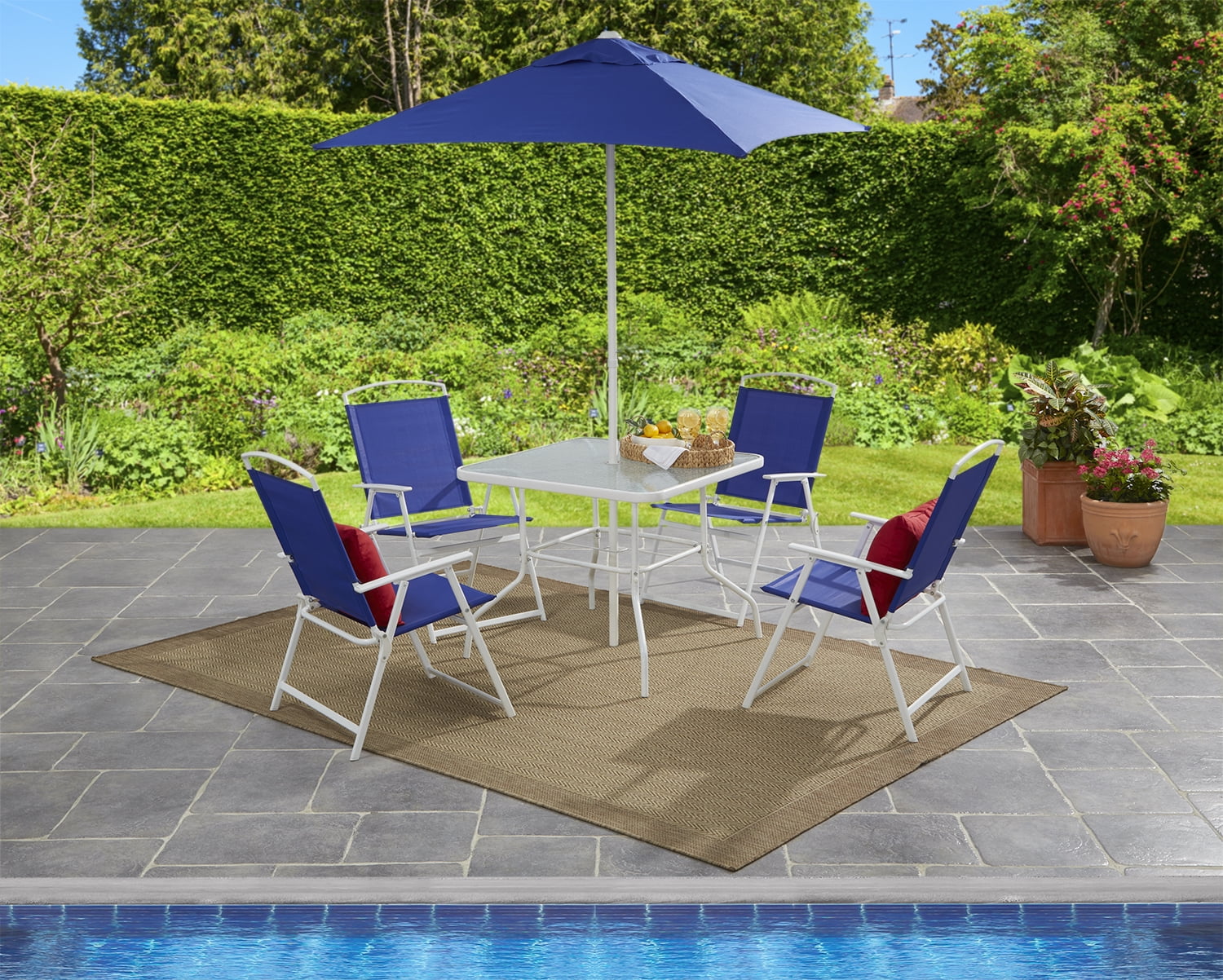 2025 Juego de comedor exterior Mainstays Albany Lane de 6 piezas con sombrilla, acero, rojo