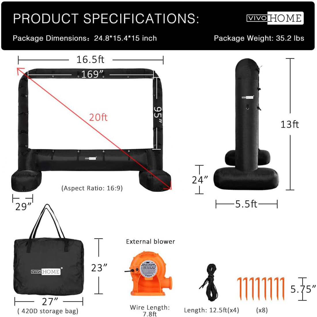 Pantalla de Cine Inflable Mega de 14-17 Pies para Proyección Frontal y Trasera