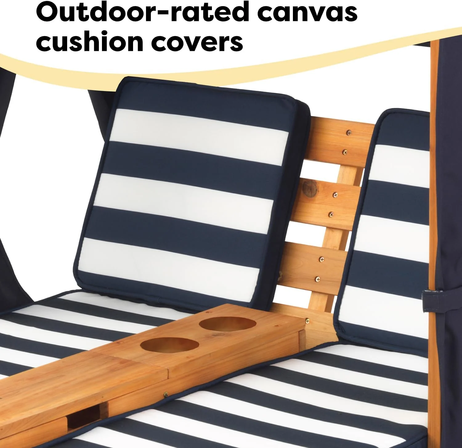 Tumbona Doble de Madera para Niños KidKraft con Porta Vasos, Muebles de Jardín para Niños, Color Miel con Tela a Rayas Azul Marino y Blanco, Regalo para Niños de 3 a 8 Años