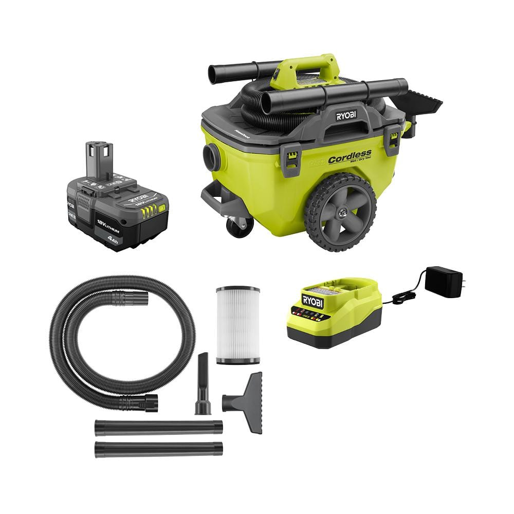 2025 Kit de Aspiradora Seca/Húmeda Inalámbrica Ryobi ONE+ 18V de 6 Galones con Batería de 4.0 Ah, Cargador y Accesorios P770KN