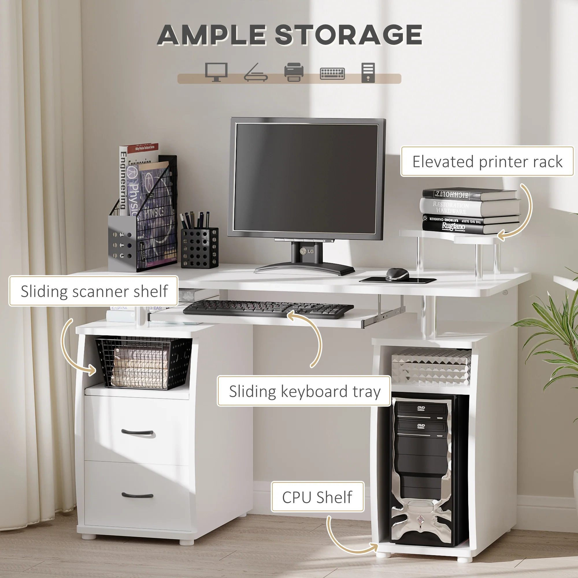Escritorio de Ordenador para Oficina – Mesa de PC con Cajón para Teclado, Estante Deslizante para Escáner, Blanco