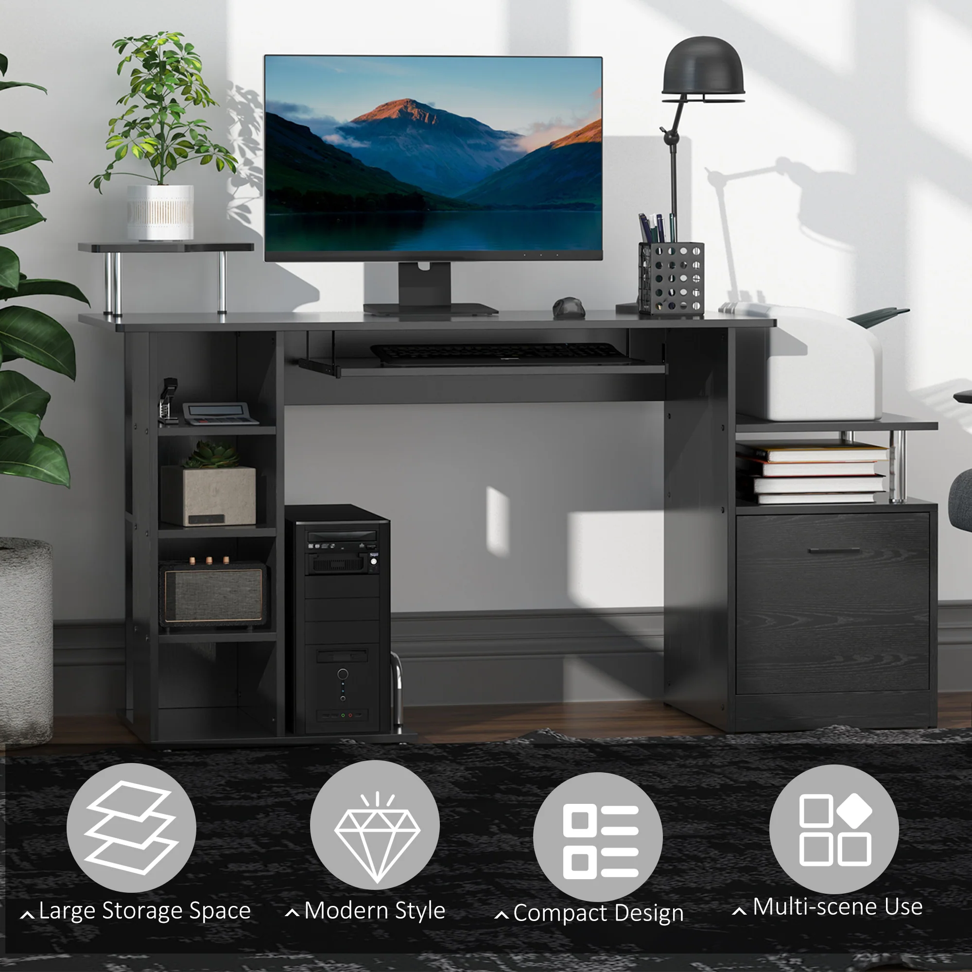Estación de Trabajo para Ordenador con Cajón y Estanterías, Soporte para CPU, Escritorio para Oficina en Casa, Negro