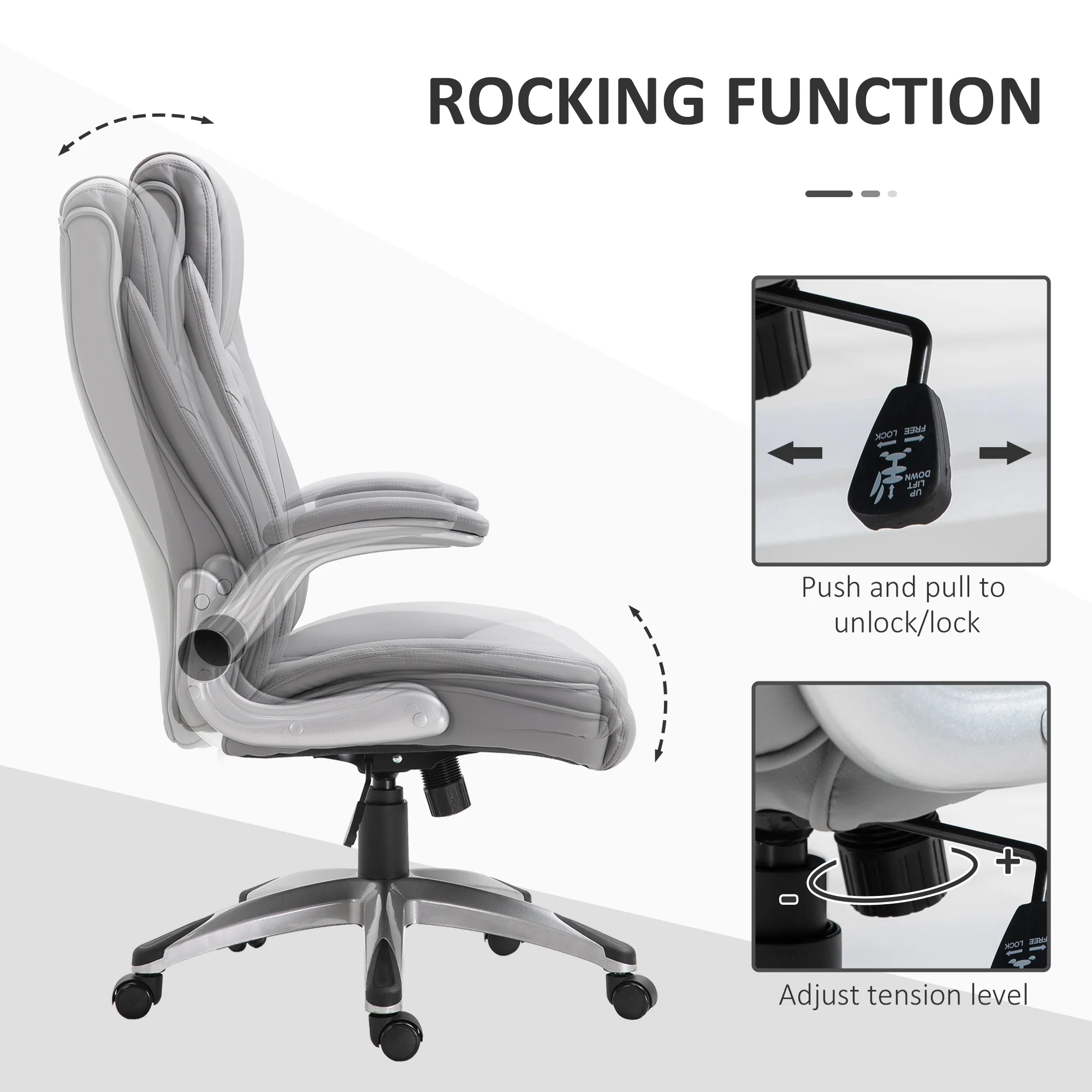 2025 Silla de Oficina de Cuero PU con Reposabrazos Abatibles, Altura Ajustable y Ruedas Giratorias, Gris