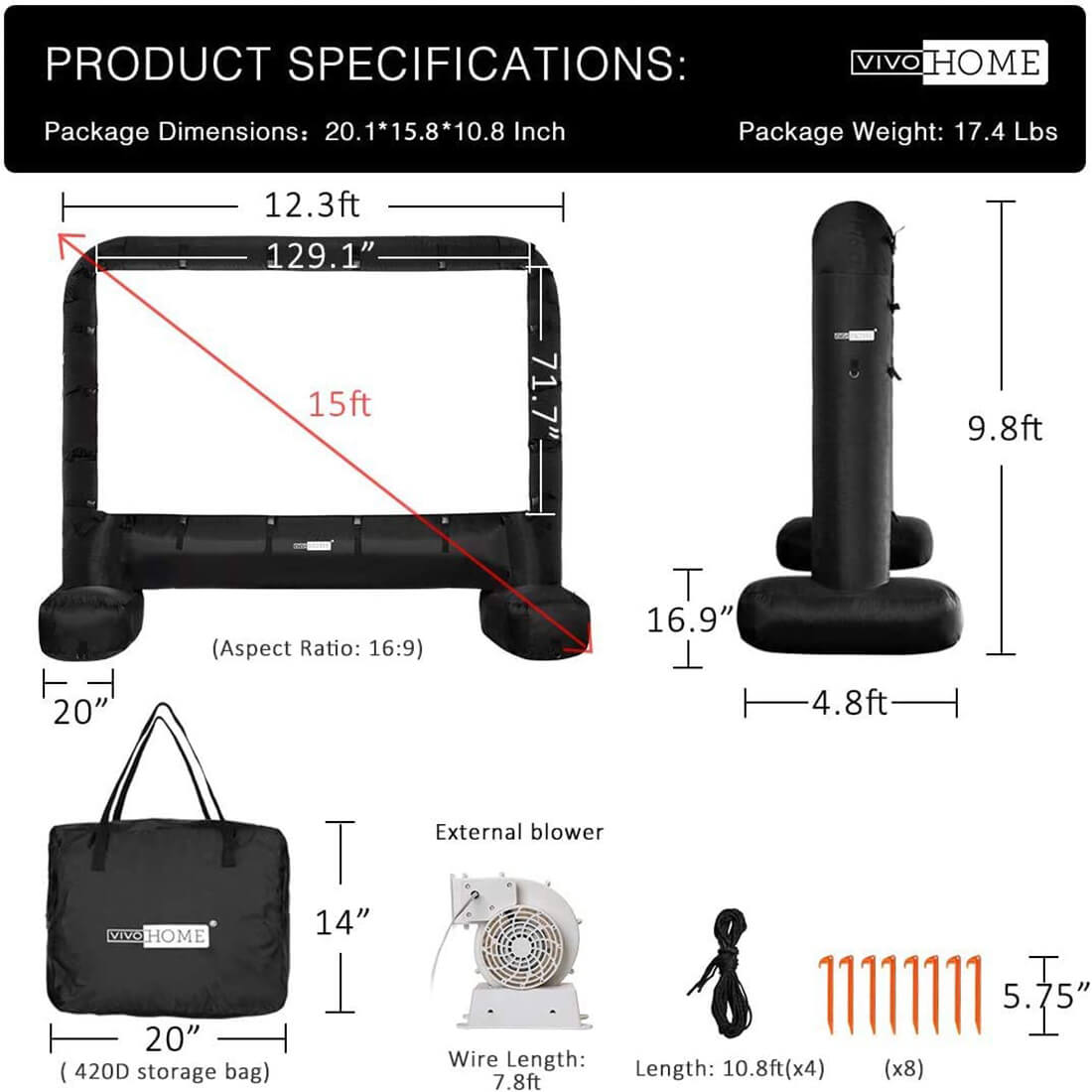 Pantalla de Cine Inflable Mega de 14-17 Pies para Proyección Frontal y Trasera
