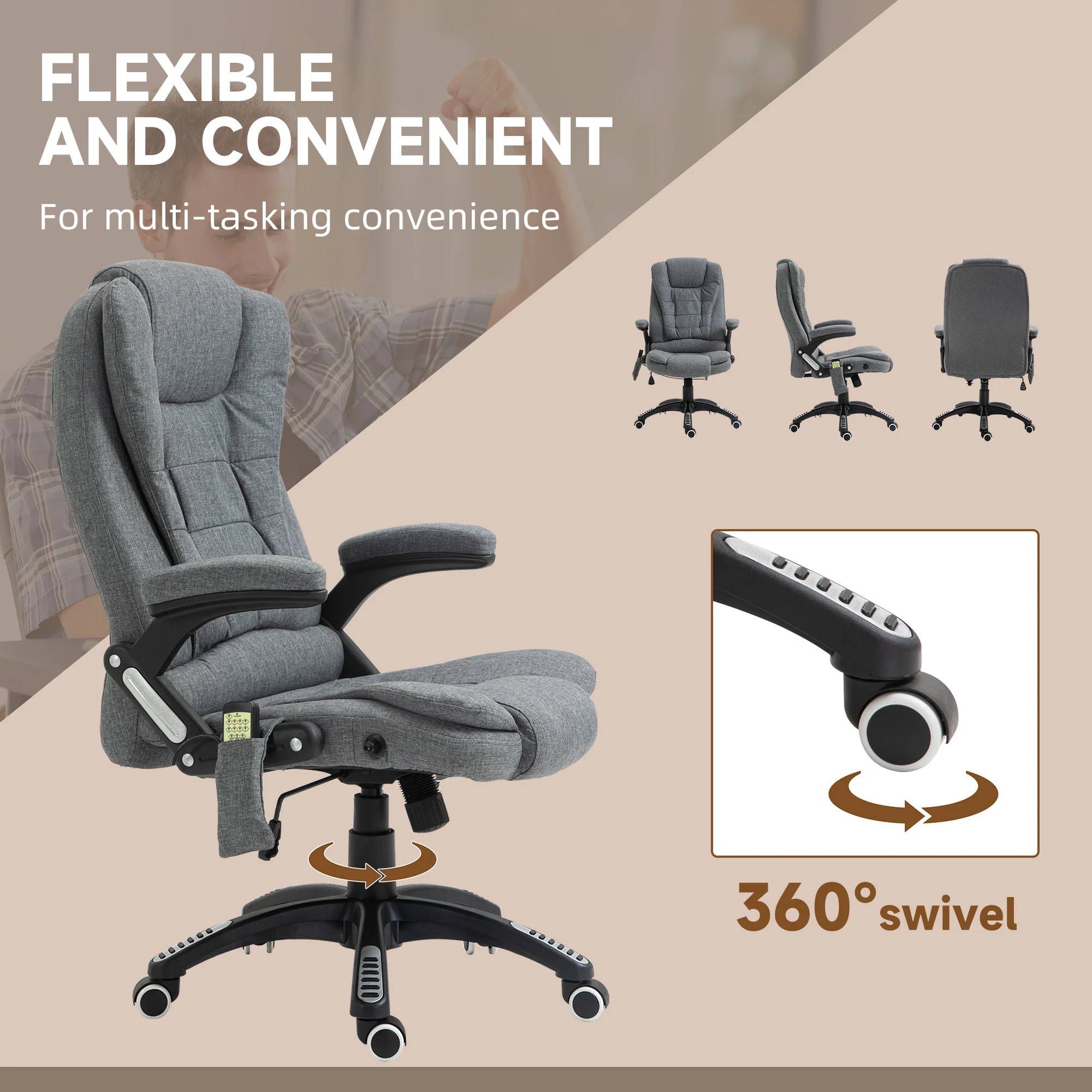 Silla de Oficina Ergonómica con Masaje de 6 Puntos y Calefacción en la Espalda, Tela Tipo Lino, Gris
