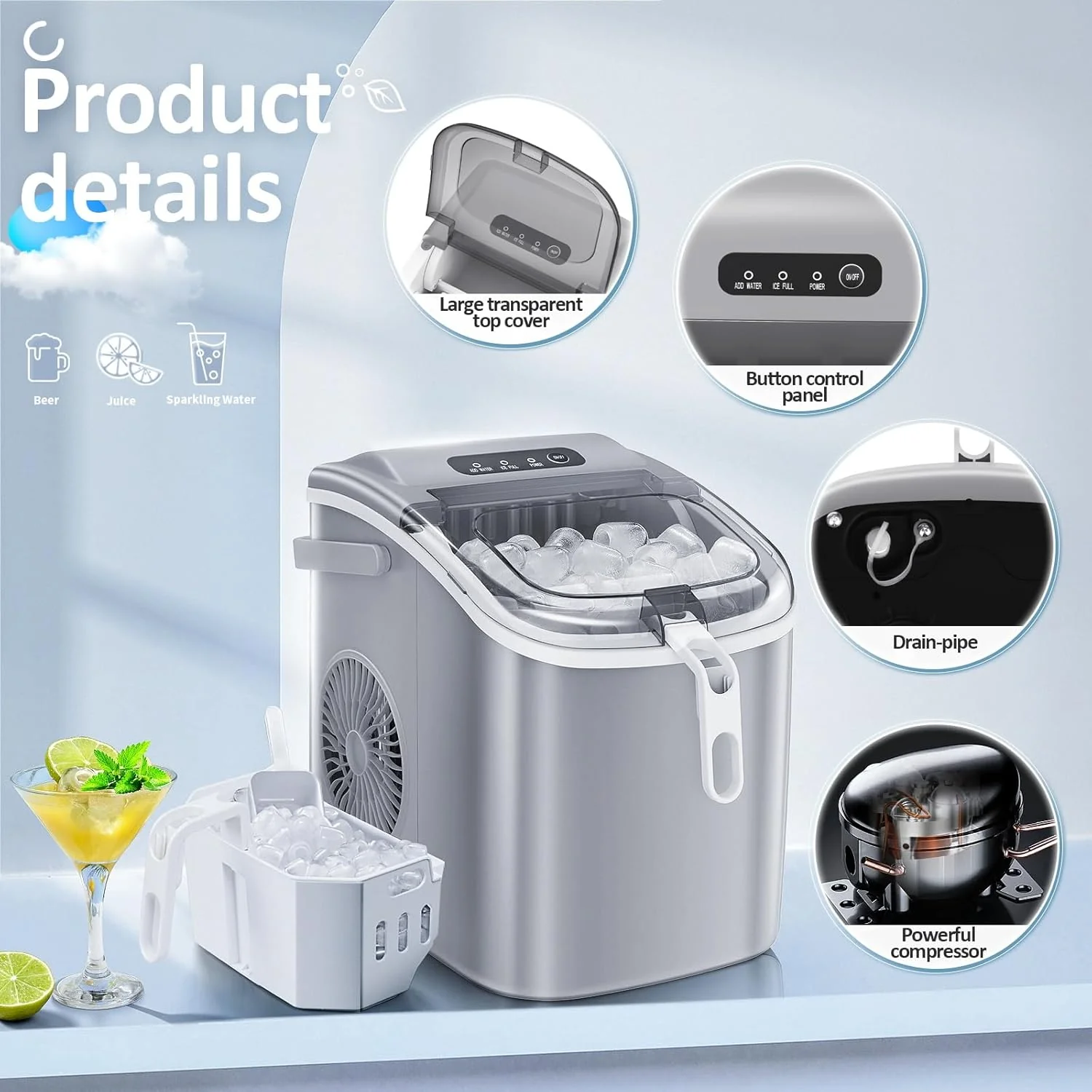 2025 Máquina de hielo tipo nugget para encimera, hielo en trozos masticables, 15 kg/24 h, autolimpiante, hielo sónico, operación con un solo botón, para cocina u oficina, acero inoxidable plateado