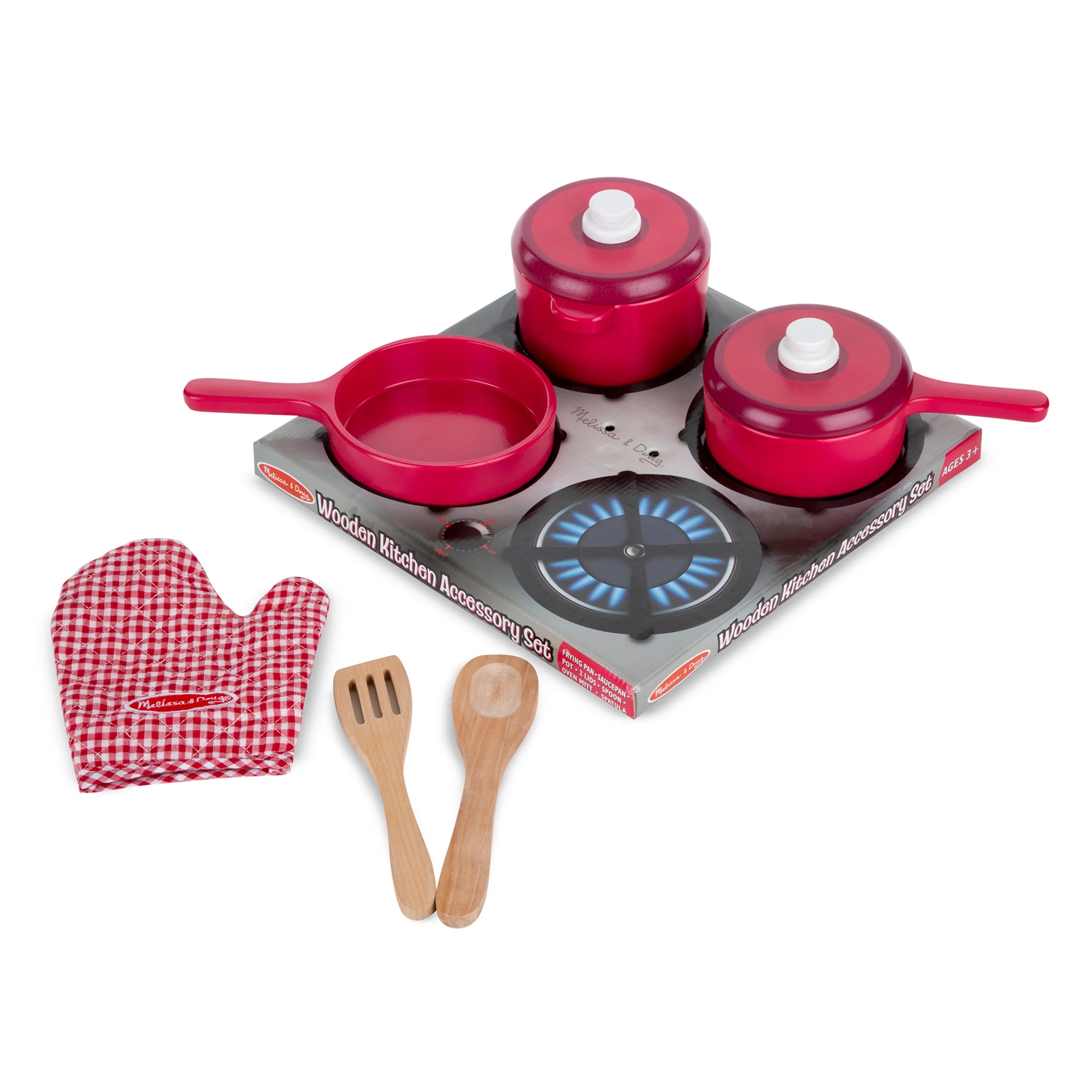 Melissa & Doug Set de Juego de Accesorios de Cocina de Madera Deluxe – Ollas y Sartenes (8 piezas)