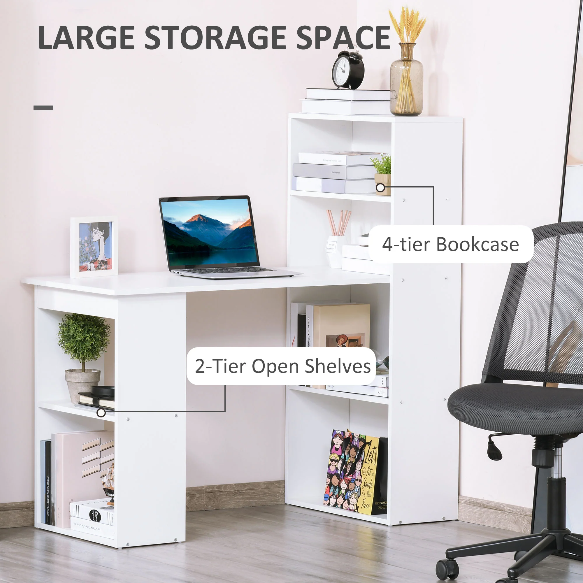 Escritorio de Ordenador Moderno de 120 cm con Estantería, Mesa de Estudio y Estación de Trabajo con 6 Estantes, Blanco
